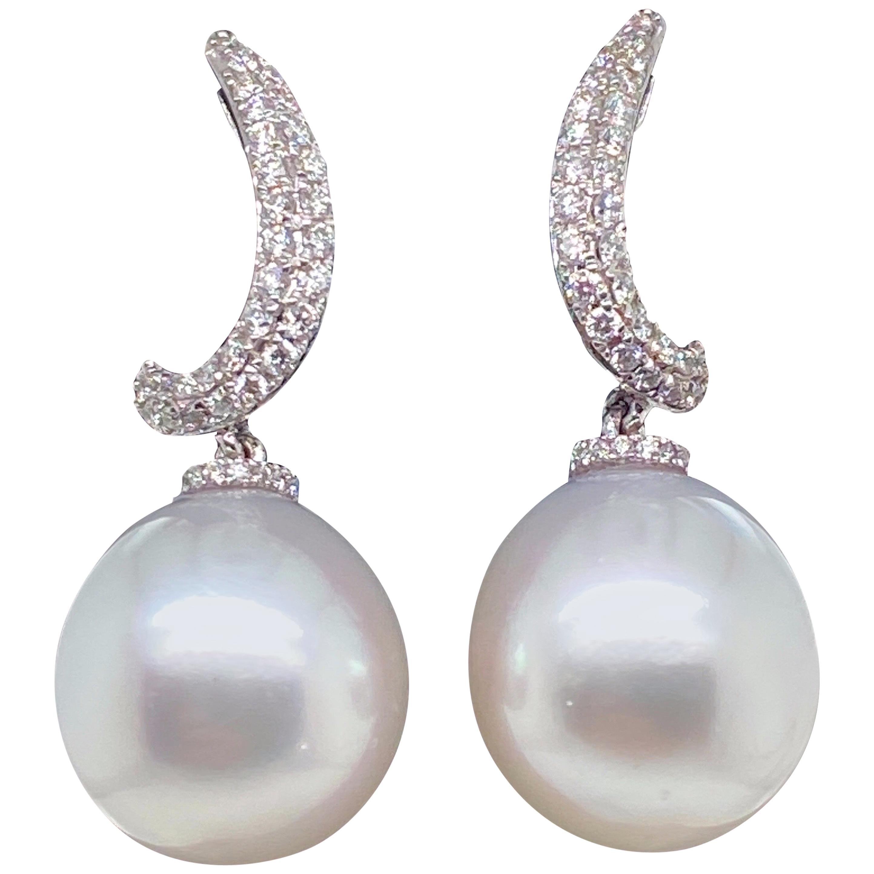 South Sea Pearl Diamond Drop Earrings 0.48 Carat 18 Karat White Gold For Sale