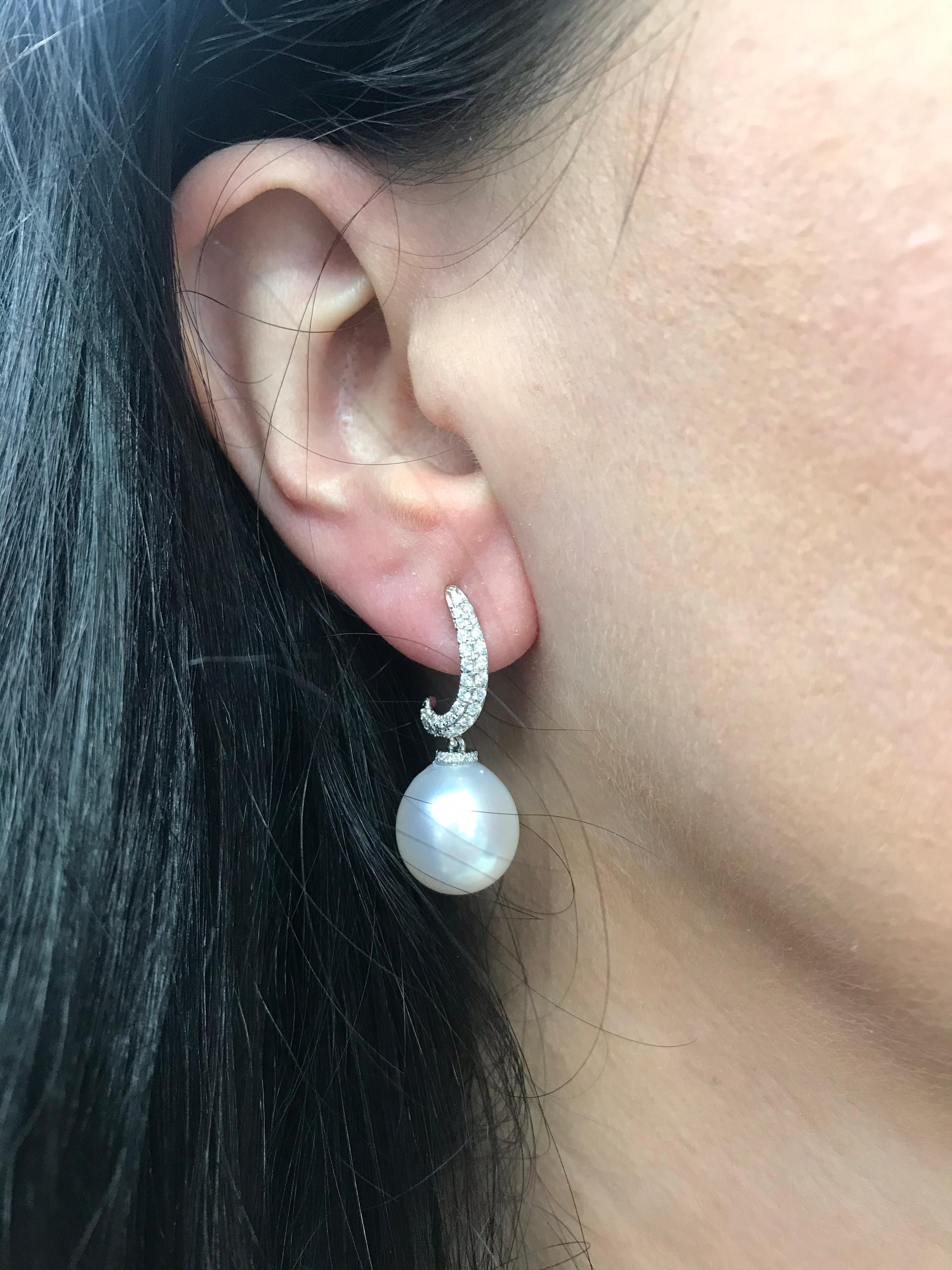South Sea Pearl Diamond Drop Earrings 0.48 Carat 18 Karat White Gold For Sale 4