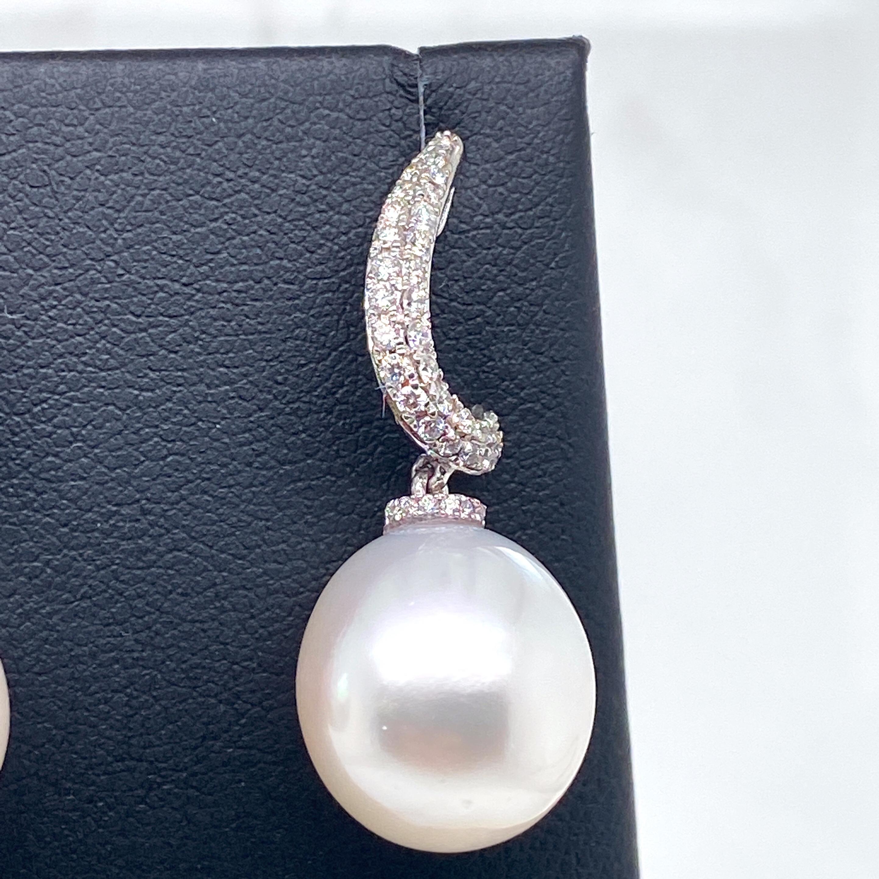 Contemporary South Sea Pearl Diamond Drop Earrings 0.48 Carat 18 Karat White Gold For Sale