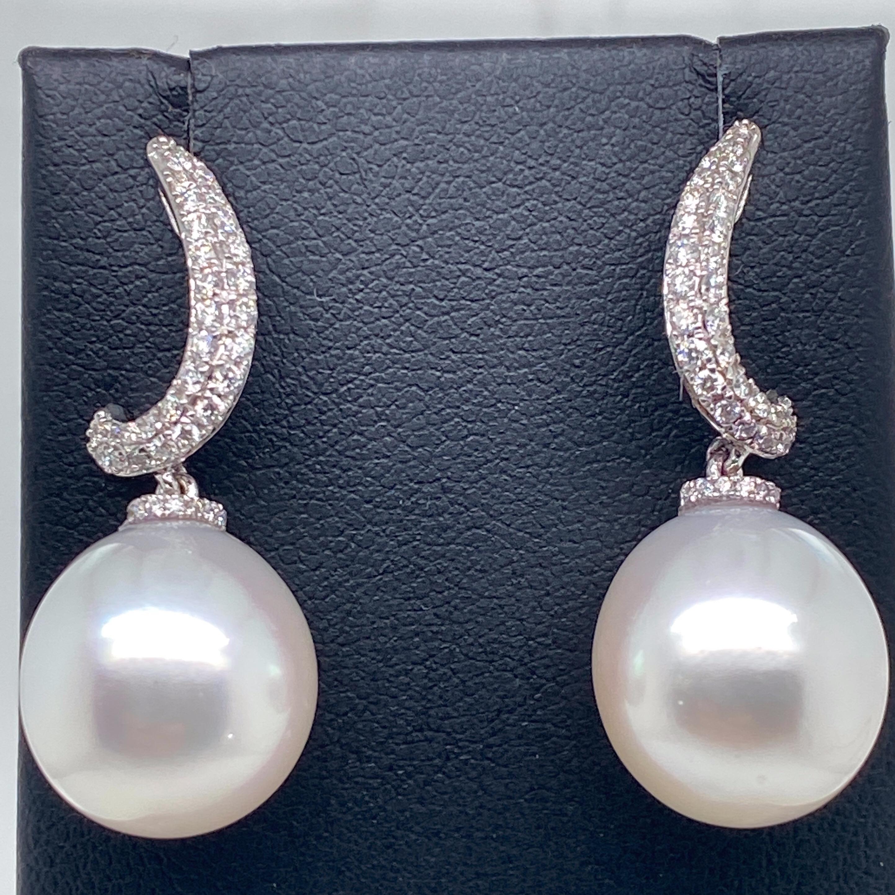Round Cut South Sea Pearl Diamond Drop Earrings 0.48 Carat 18 Karat White Gold For Sale