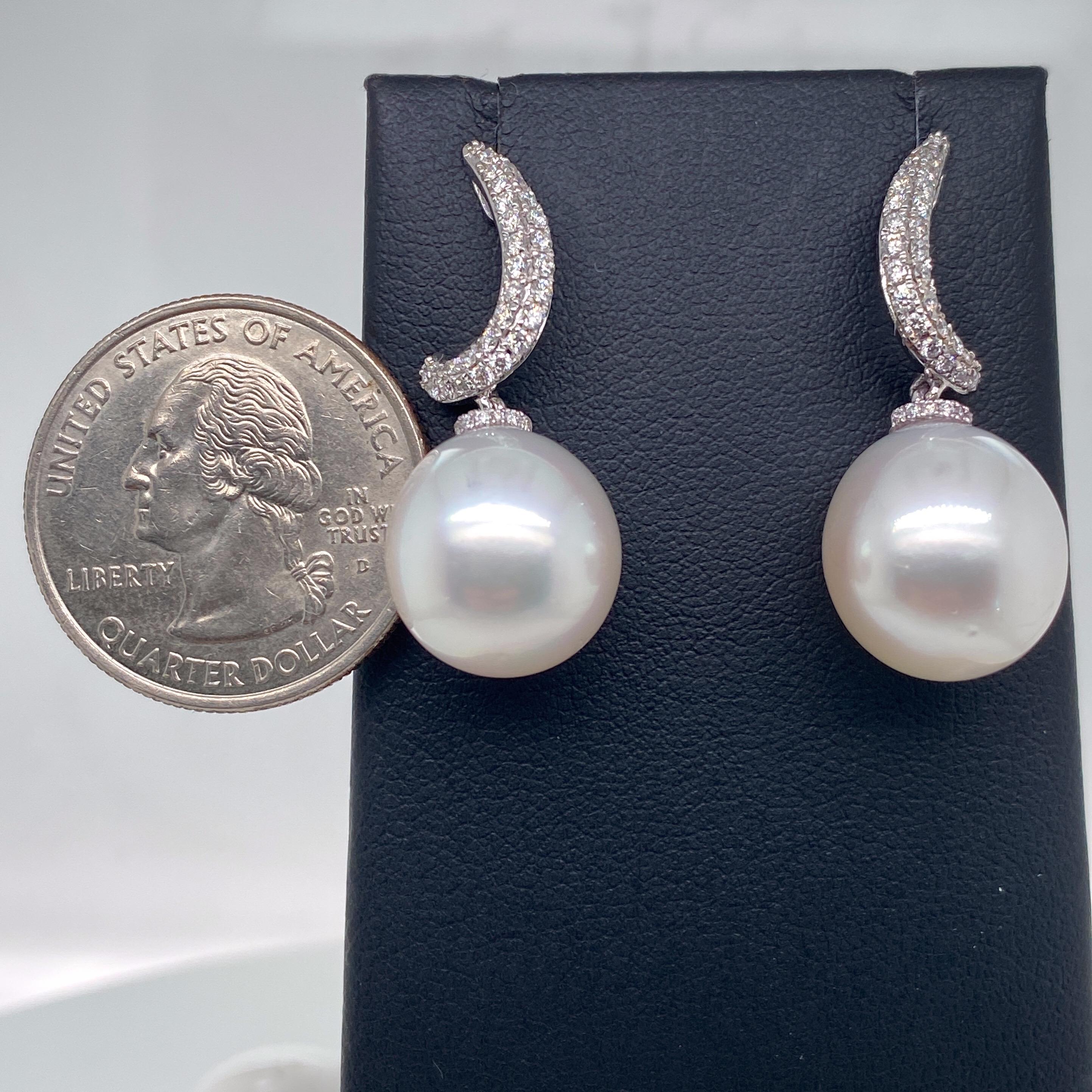 South Sea Pearl Diamond Drop Earrings 0.48 Carat 18 Karat White Gold In New Condition For Sale In New York, NY