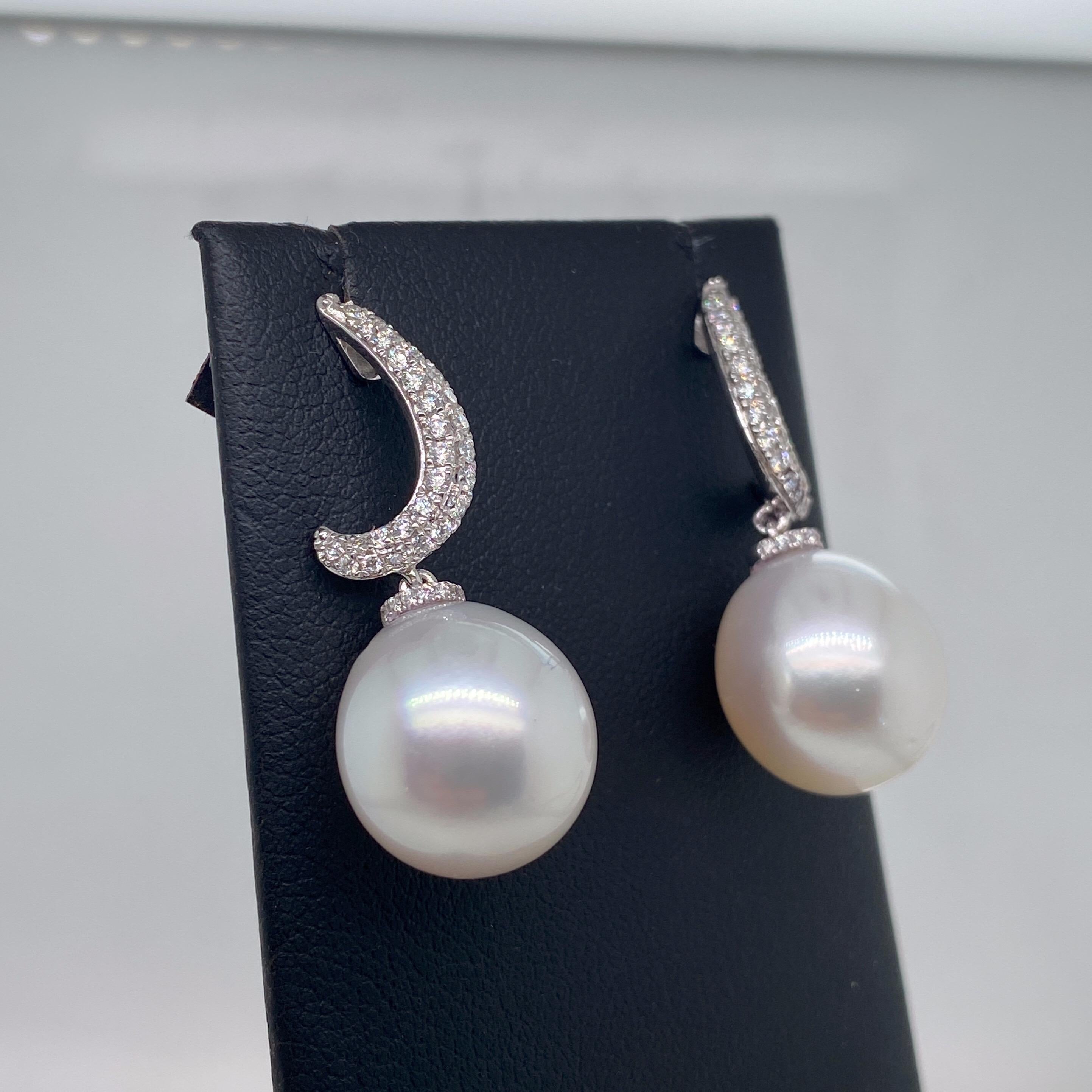 Women's South Sea Pearl Diamond Drop Earrings 0.48 Carat 18 Karat White Gold For Sale
