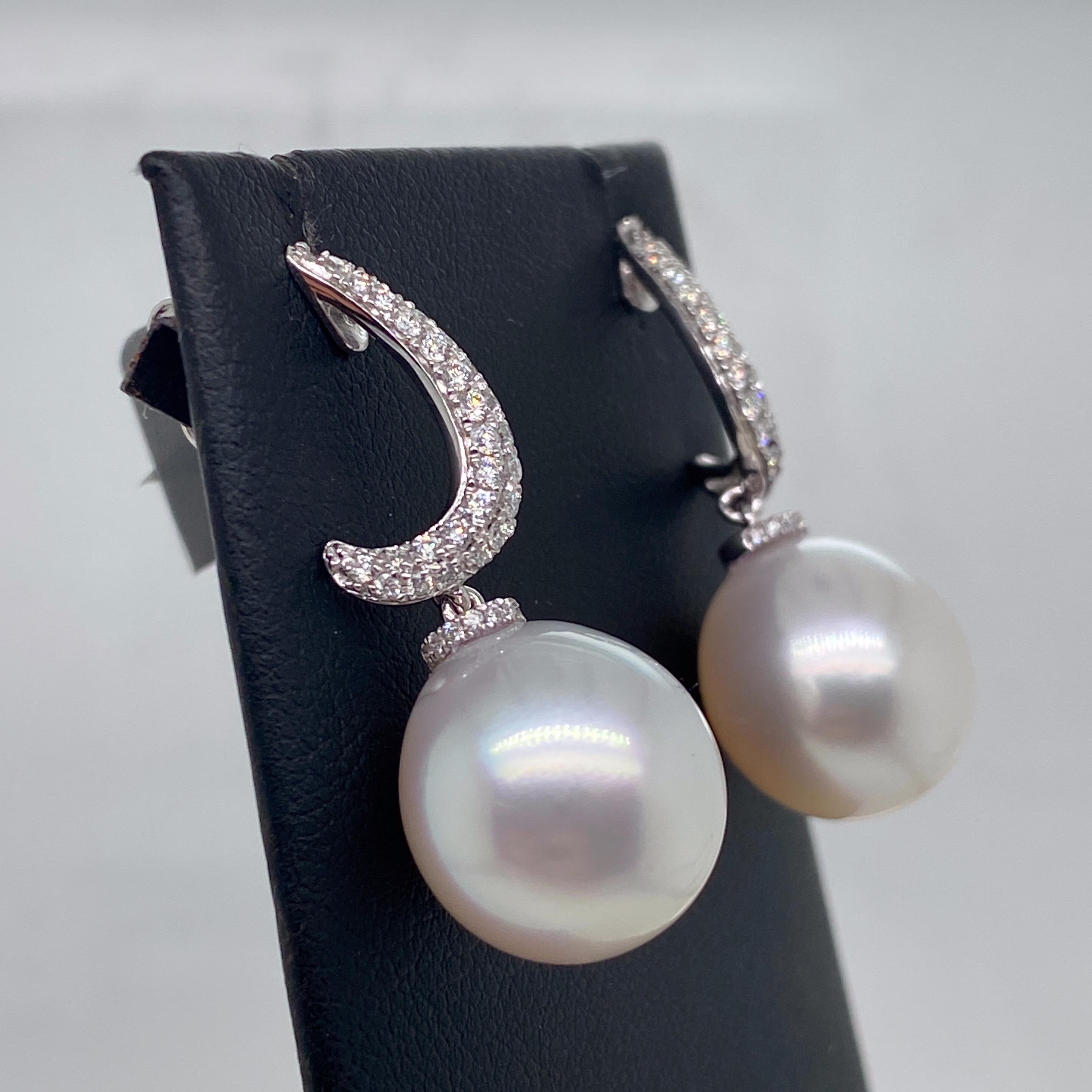 South Sea Pearl Diamond Drop Earrings 0.48 Carat 18 Karat White Gold For Sale 1