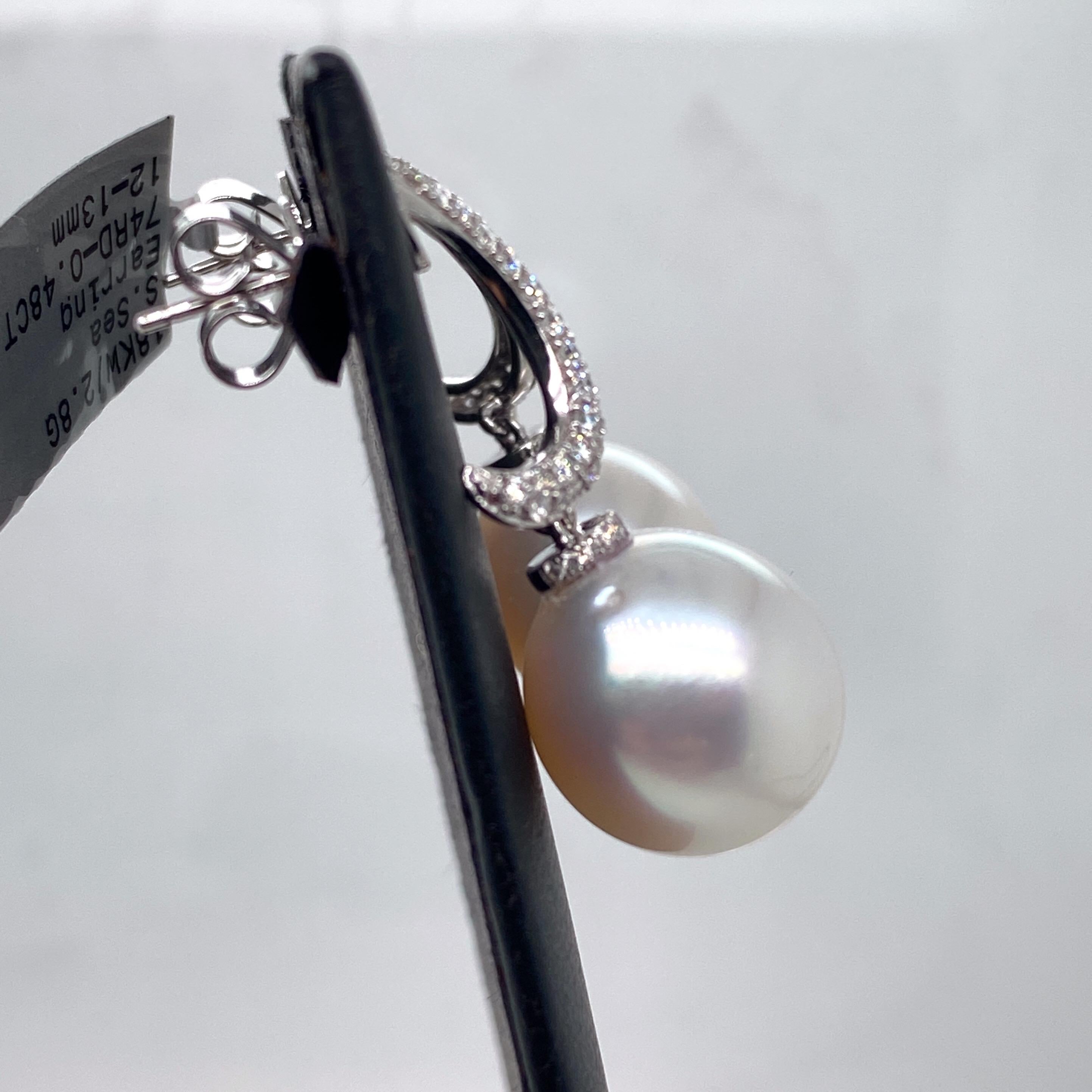 South Sea Pearl Diamond Drop Earrings 0.48 Carat 18 Karat White Gold For Sale 3