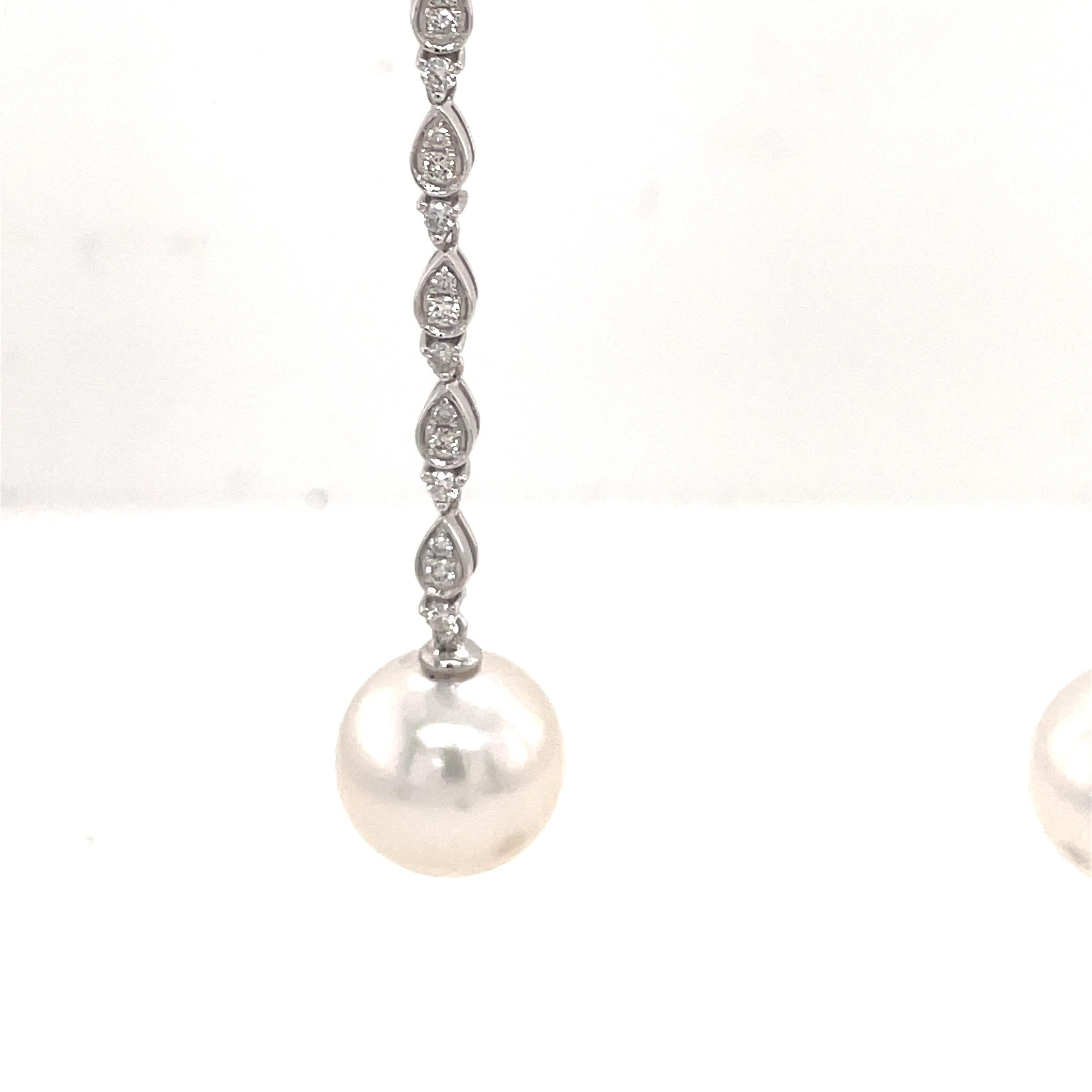 Contemporary South Sea Pearl Diamond Drop Earrings 0.58 Carats 18 Karat White Gold For Sale