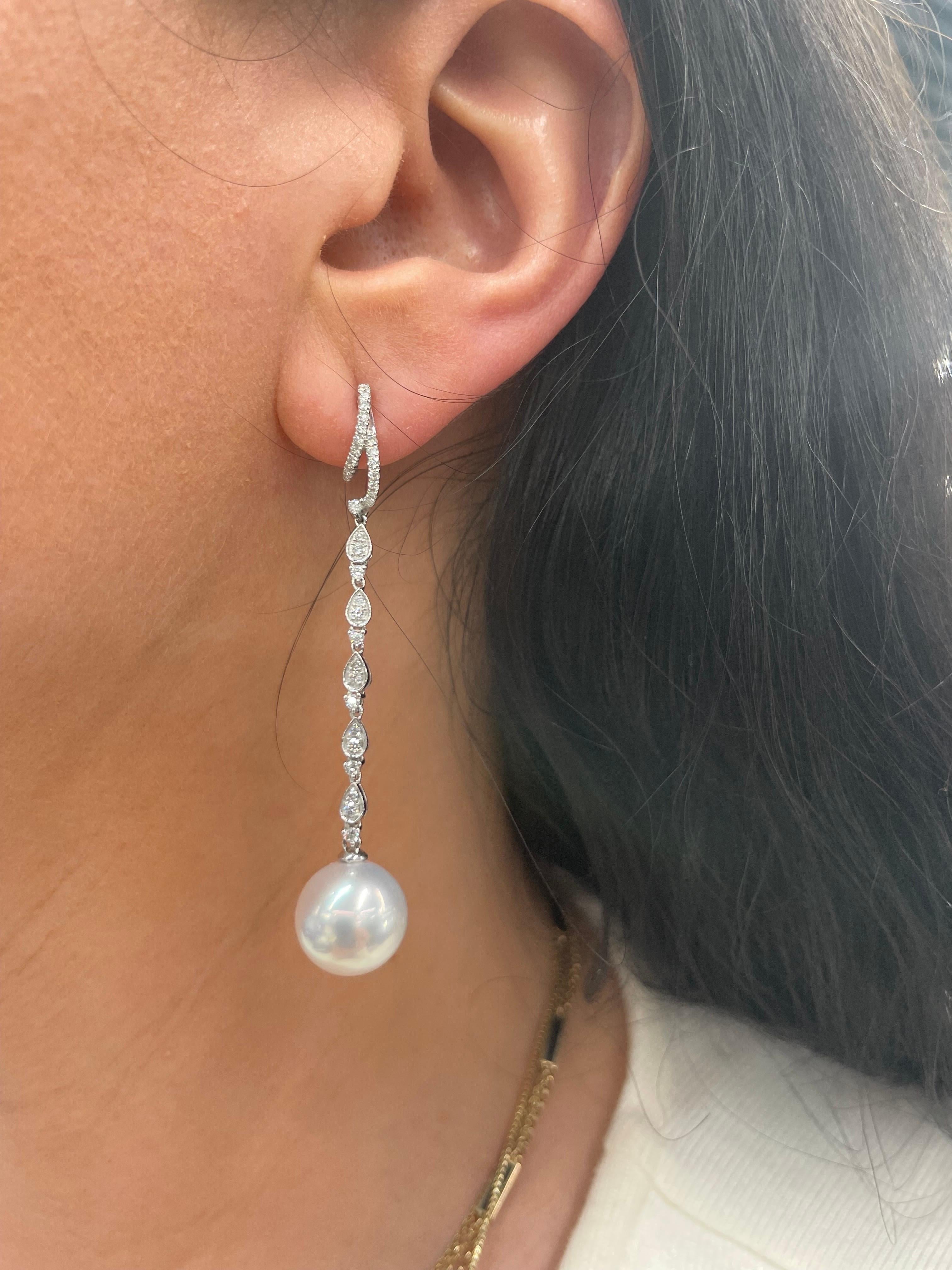 South Sea Pearl Diamond Drop Earrings 0.58 Carats 18 Karat White Gold For Sale 2