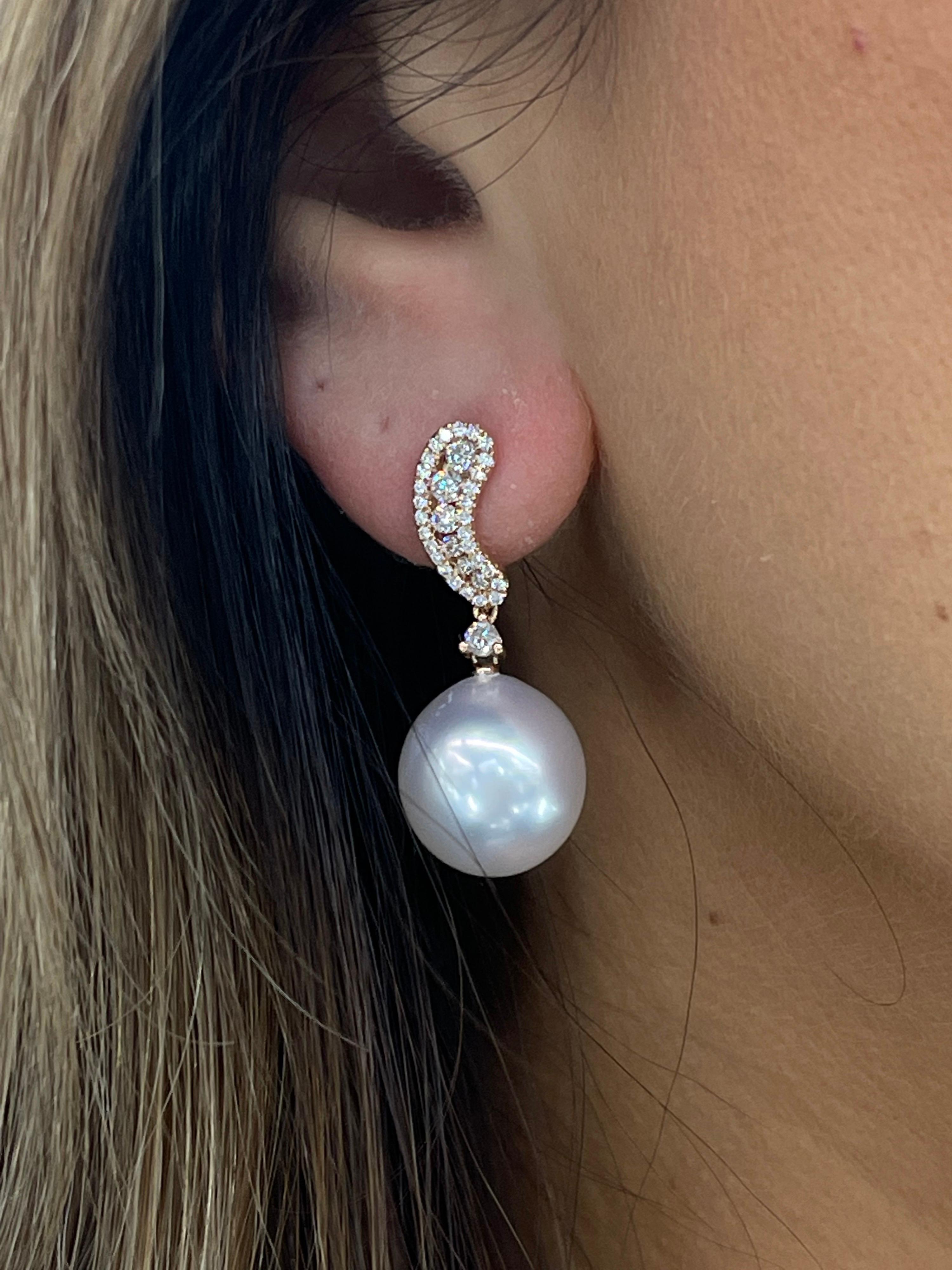 Contemporary South Sea Pearl Diamond Drop Earrings 0.60 Carats 12-13 MM 18 Karat Rose Gold For Sale
