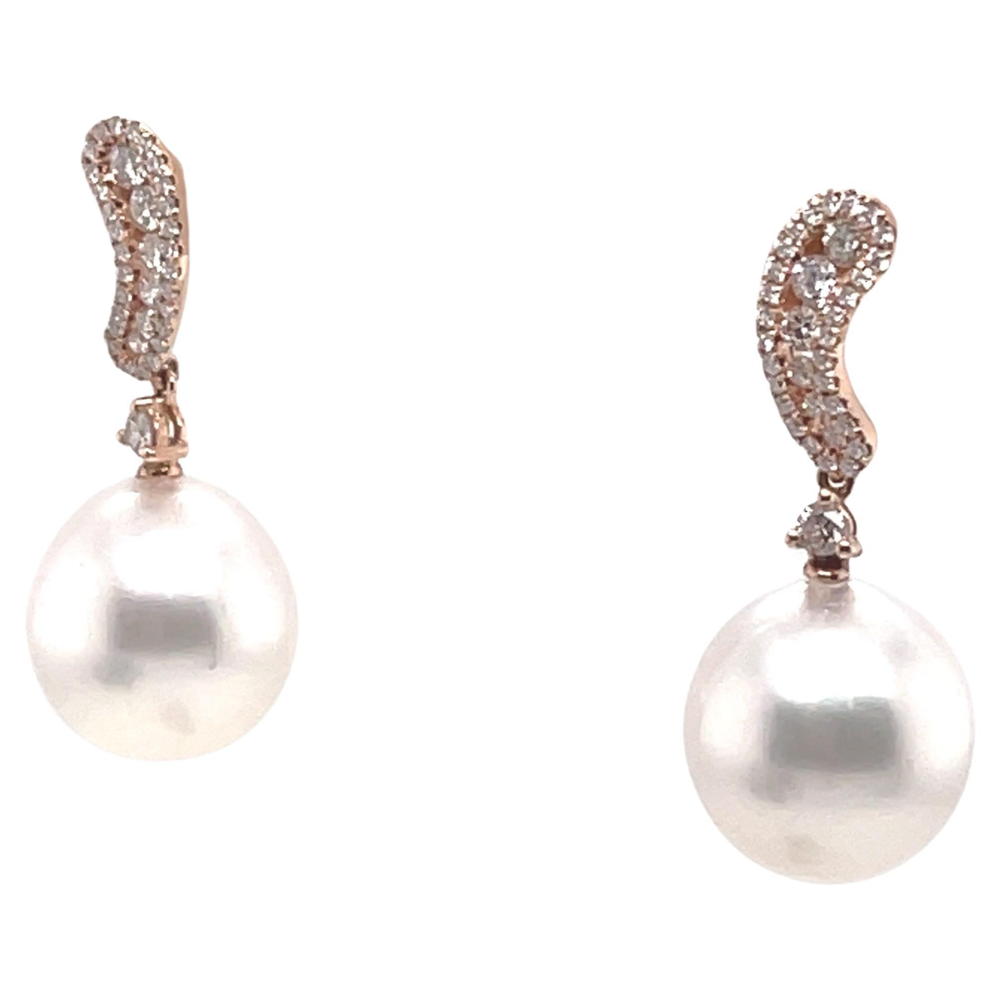 South Sea Pearl Diamond Drop Earrings 0.60 Carats 12-13 MM 18 Karat Rose Gold In New Condition For Sale In New York, NY