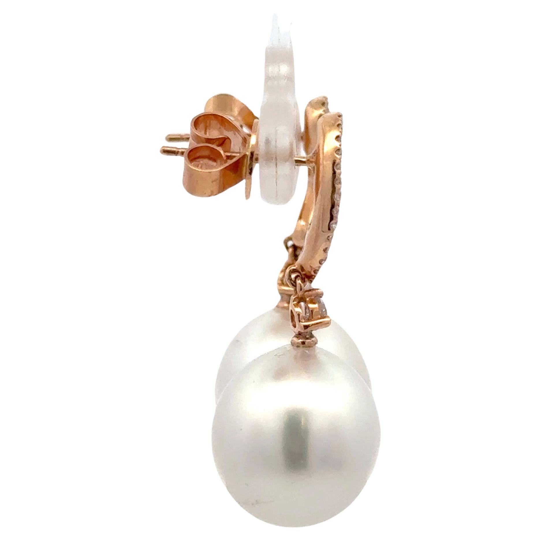 Women's South Sea Pearl Diamond Drop Earrings 0.60 Carats 12-13 MM 18 Karat Rose Gold For Sale