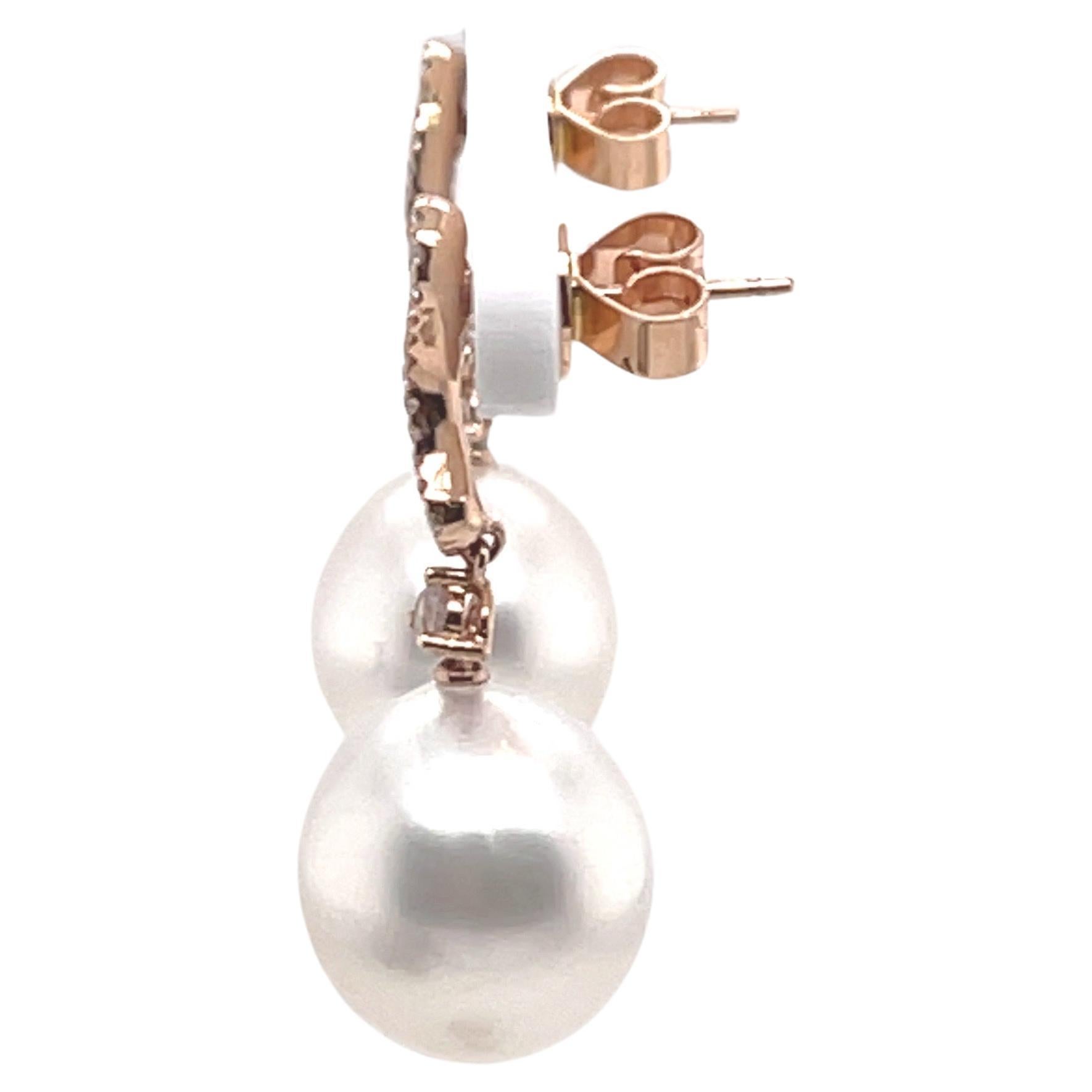 South Sea Pearl Diamond Drop Earrings 0.60 Carats 12-13 MM 18 Karat Rose Gold For Sale 1
