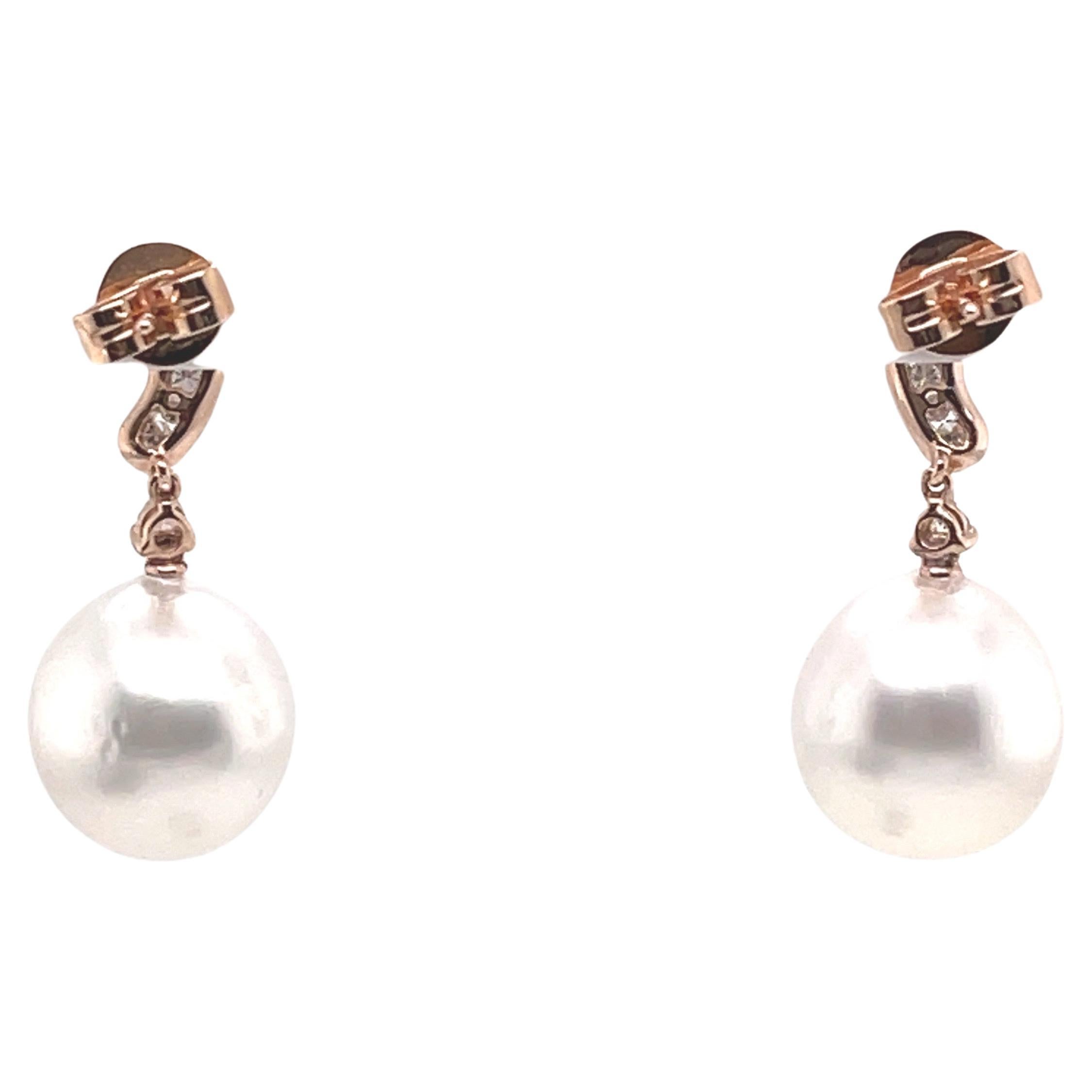 South Sea Pearl Diamond Drop Earrings 0.60 Carats 12-13 MM 18 Karat Rose Gold For Sale 2