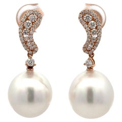 Boucles d'oreilles pendantes en or rose 18 carats avec perles des mers du Sud et diamants de 0,60 carat 12-13 mm