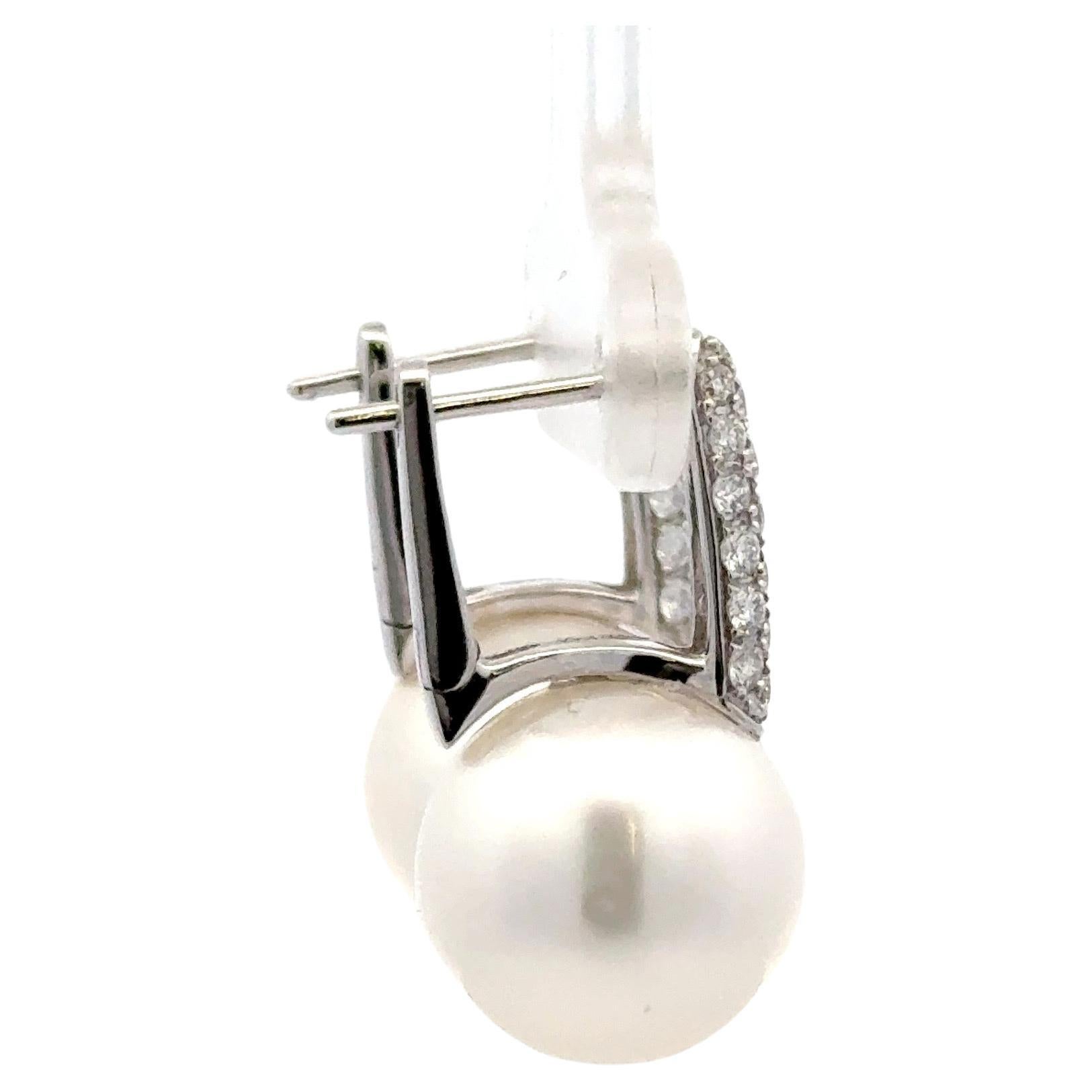 Round Cut South Sea Pearl Diamond Drop Earrings 0.61 Carats 18 Karat White Gold 12-13 MM For Sale