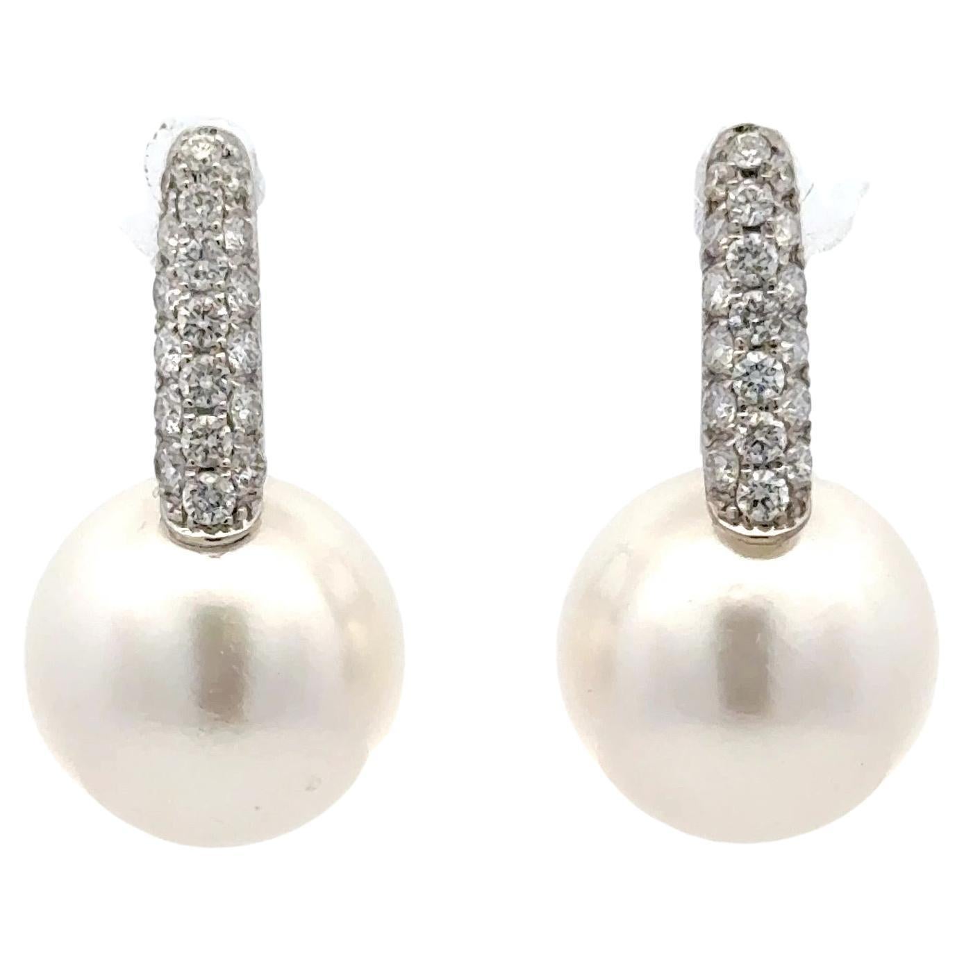 South Sea Pearl Diamond Drop Earrings 0.61 Carats 18 Karat White Gold 12-13 MM For Sale