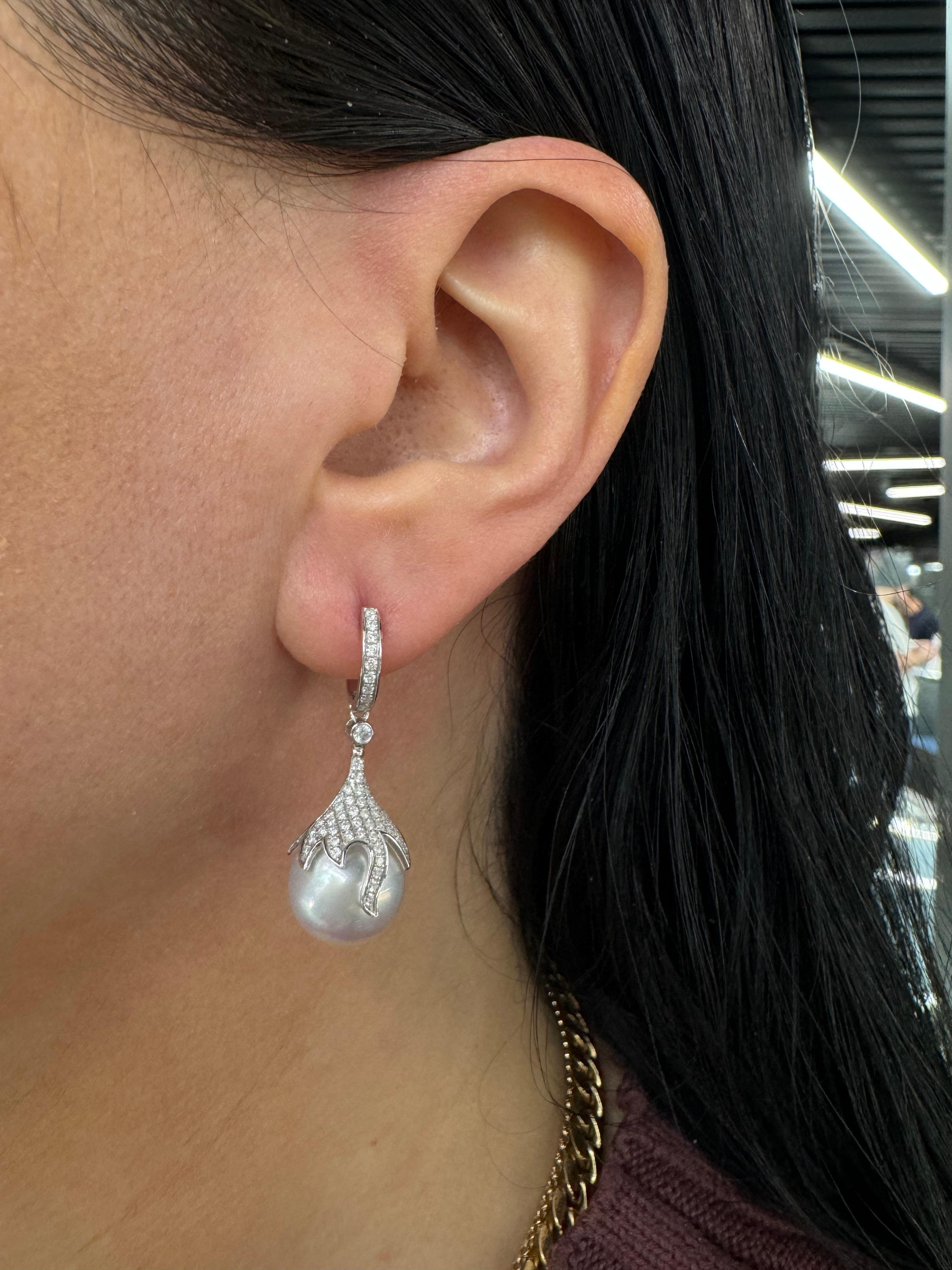 Women's South Sea Pearl Diamond Drop Earrings 0.73 Carats 12-13 MM 18K White Gold For Sale
