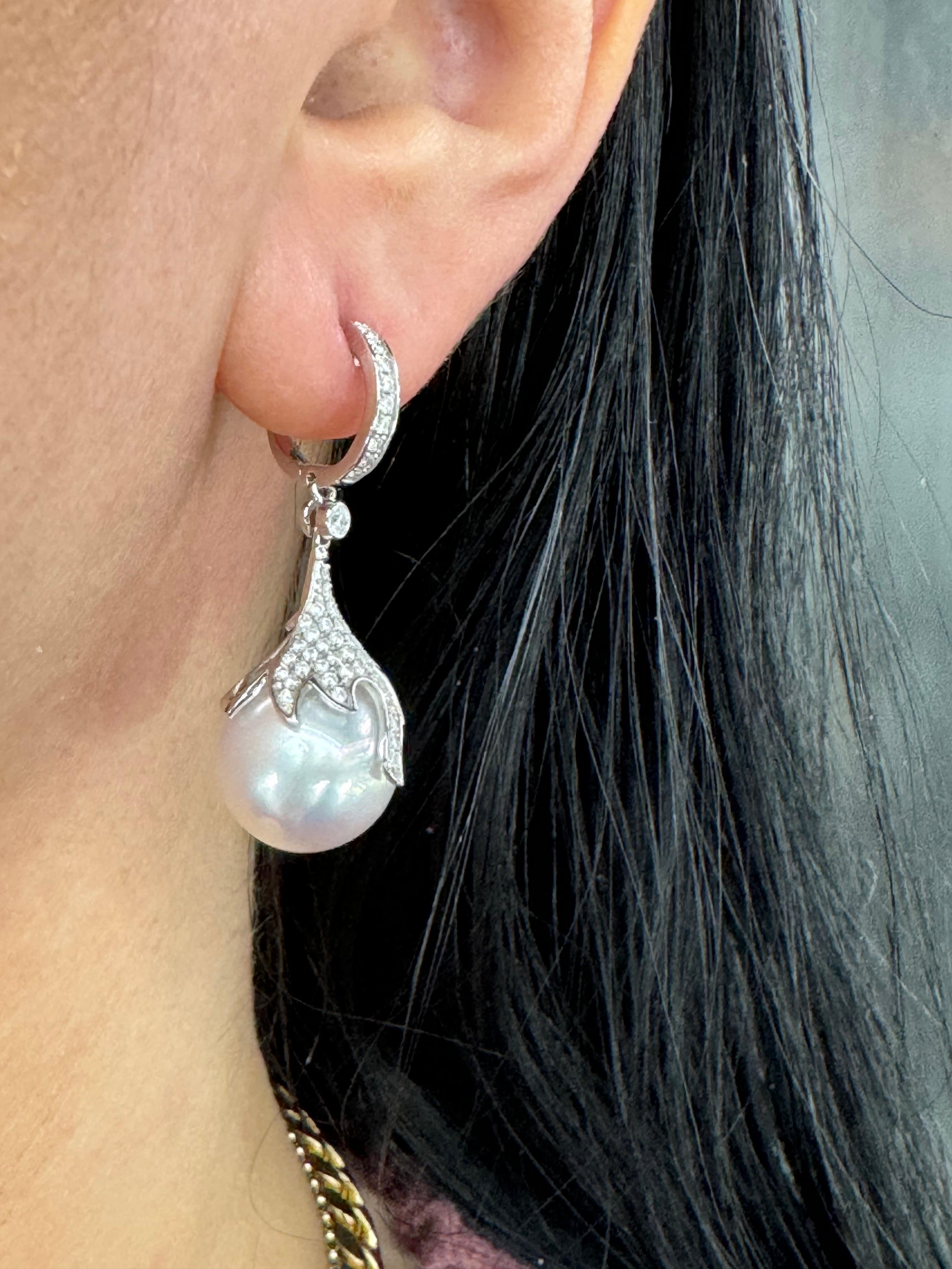 South Sea Pearl Diamond Drop Earrings 0.73 Carats 12-13 MM 18K White Gold  For Sale 2