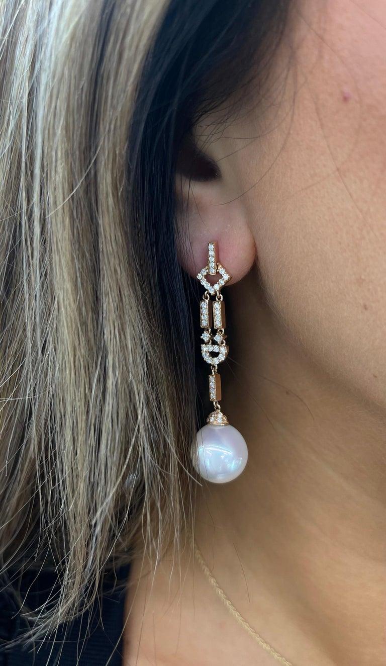 Women's South Sea Pearl Diamond Drop Earrings 0.76 Carat 18 Karat Rose Gold 11-12 MM For Sale