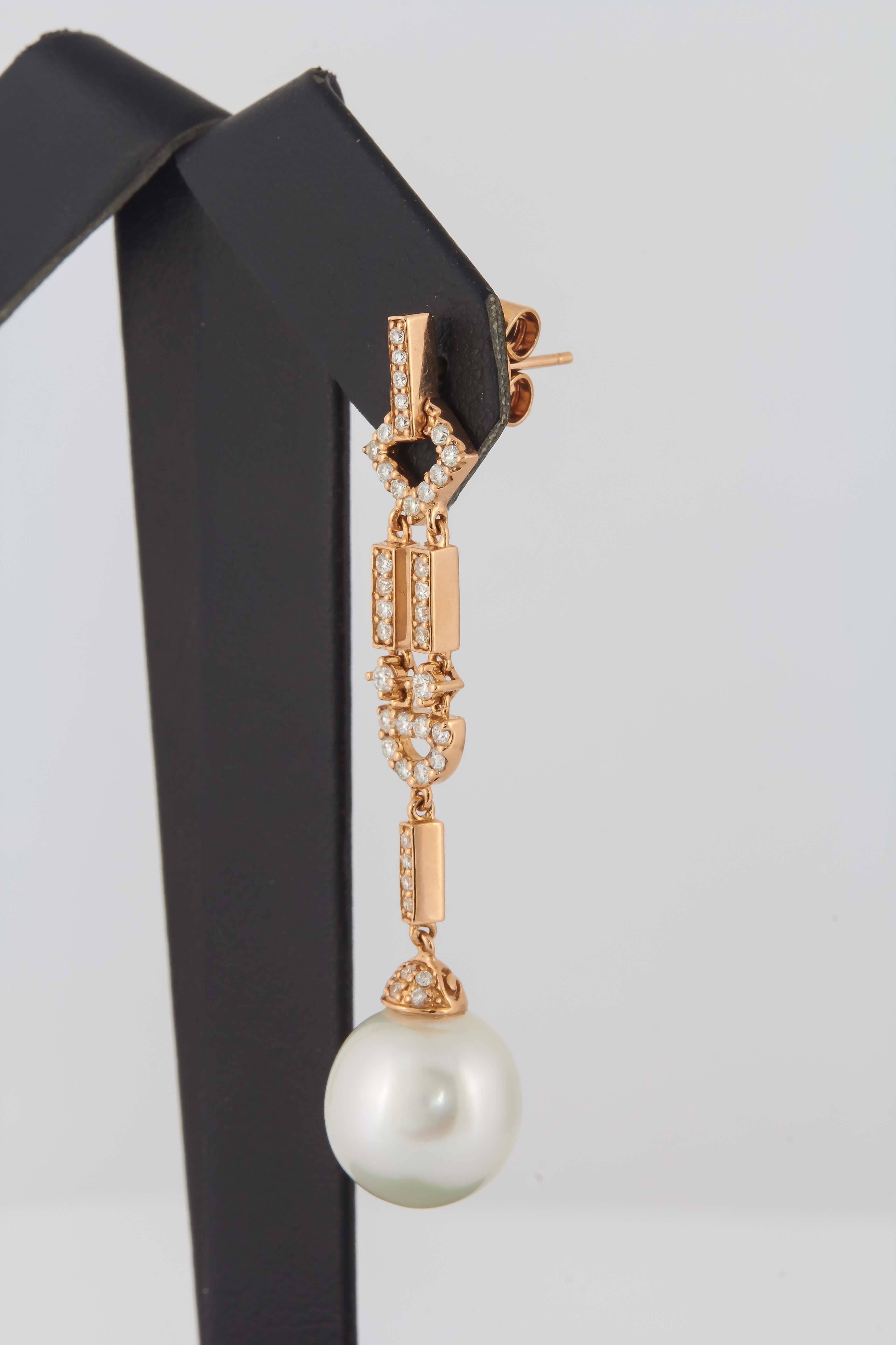 Contemporary South Sea Pearl Diamond Drop Earrings 0.76 Carat 18 Karat Rose Gold 11-12 MM For Sale