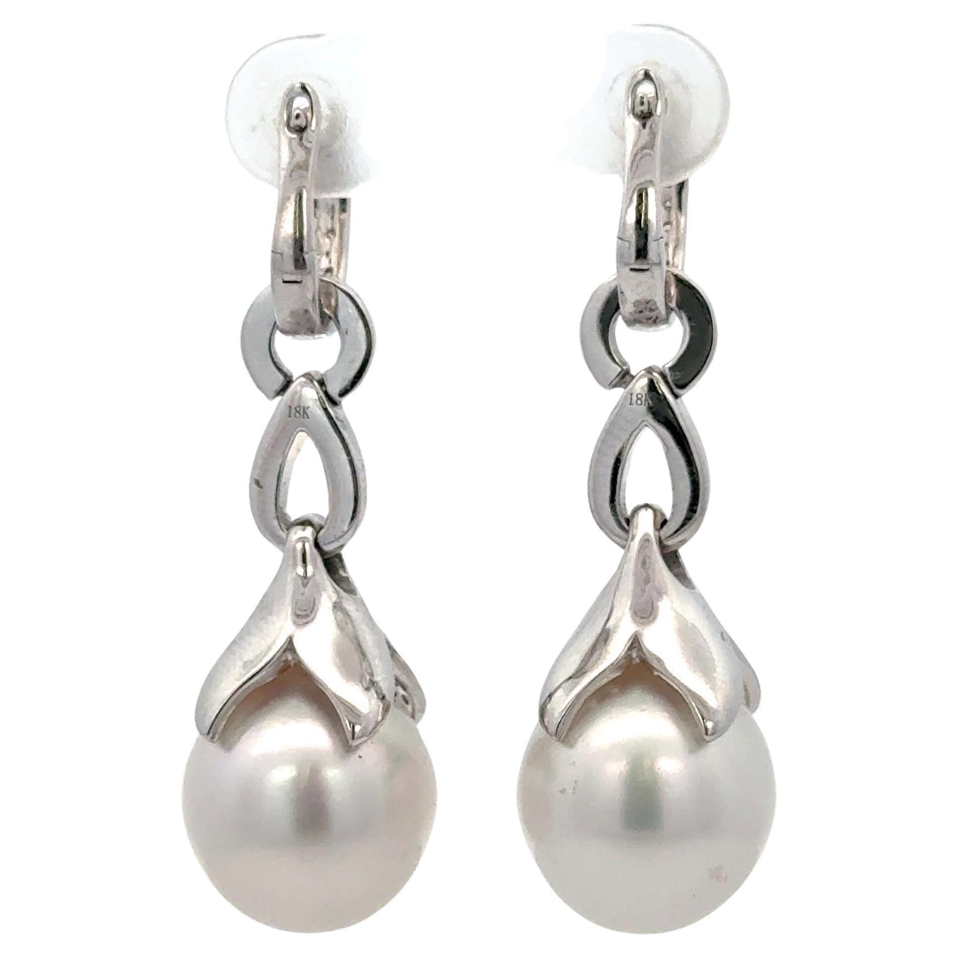 Contemporary South Sea Pearl Diamond Drop Earrings 0.77 Carats 18 Karat White Gold 13-14 MM For Sale