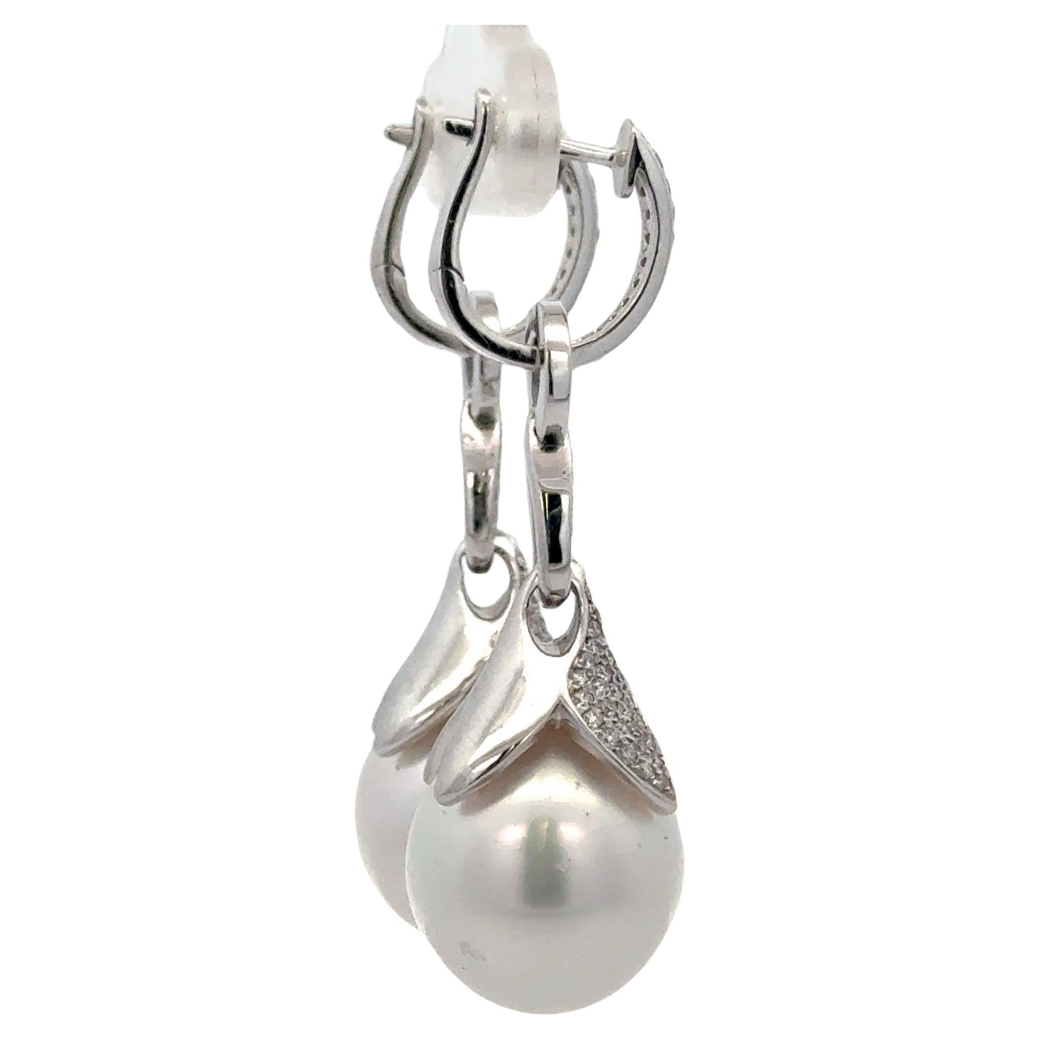 Round Cut South Sea Pearl Diamond Drop Earrings 0.77 Carats 18 Karat White Gold 13-14 MM For Sale
