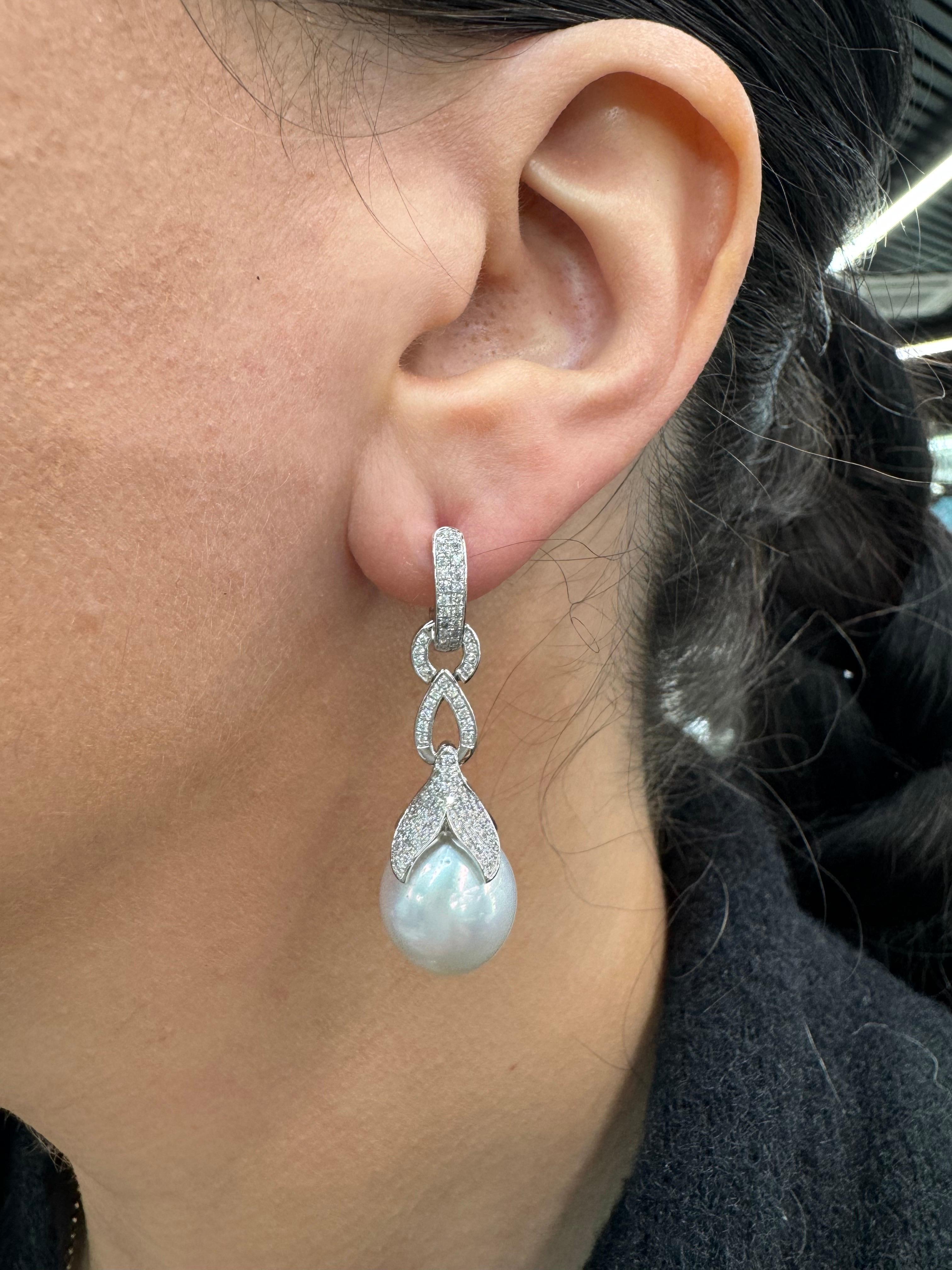 South Sea Pearl Diamond Drop Earrings 0.77 Carats 18 Karat White Gold 13-14 MM In New Condition For Sale In New York, NY