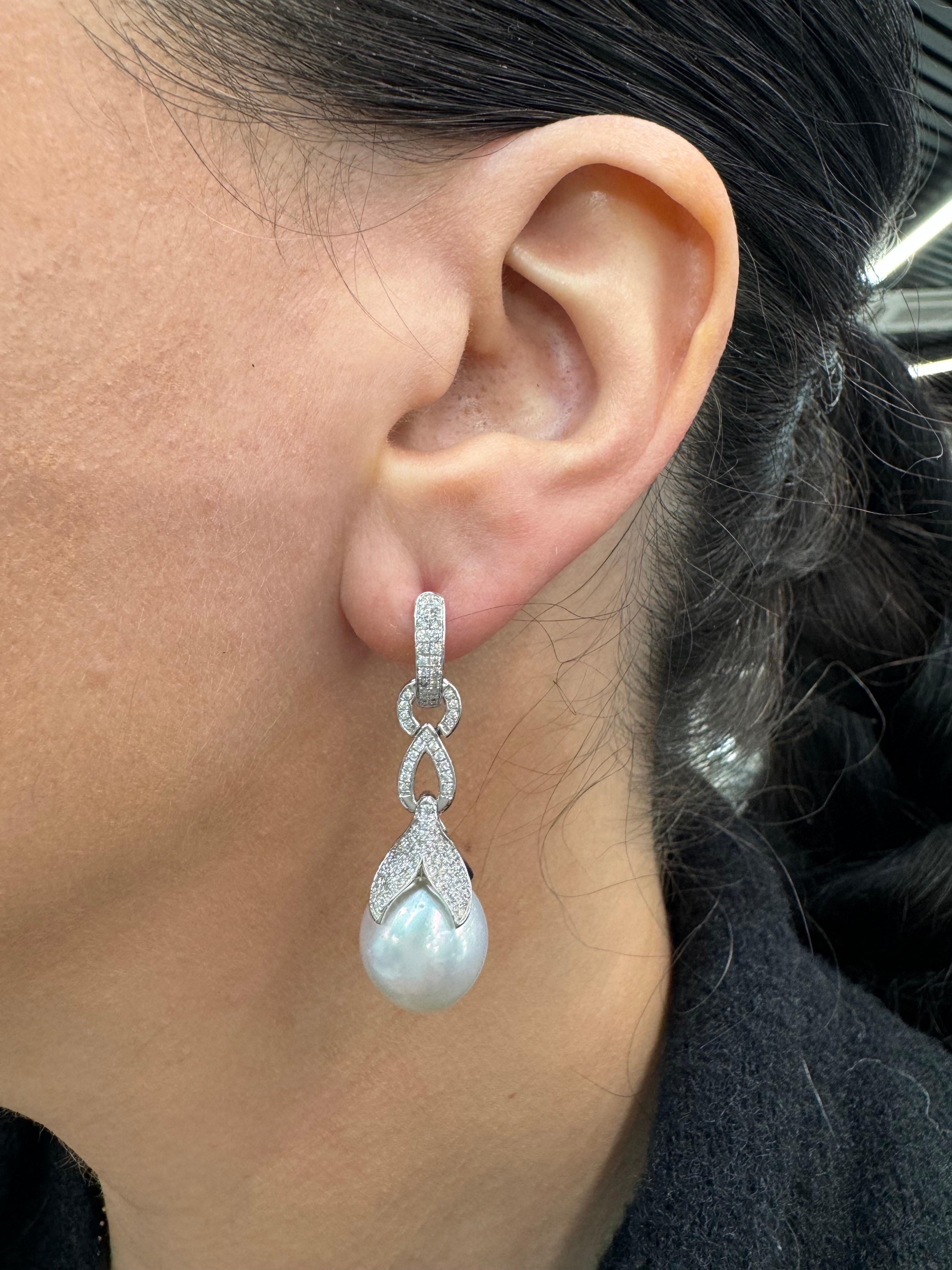 Women's South Sea Pearl Diamond Drop Earrings 0.77 Carats 18 Karat White Gold 13-14 MM For Sale