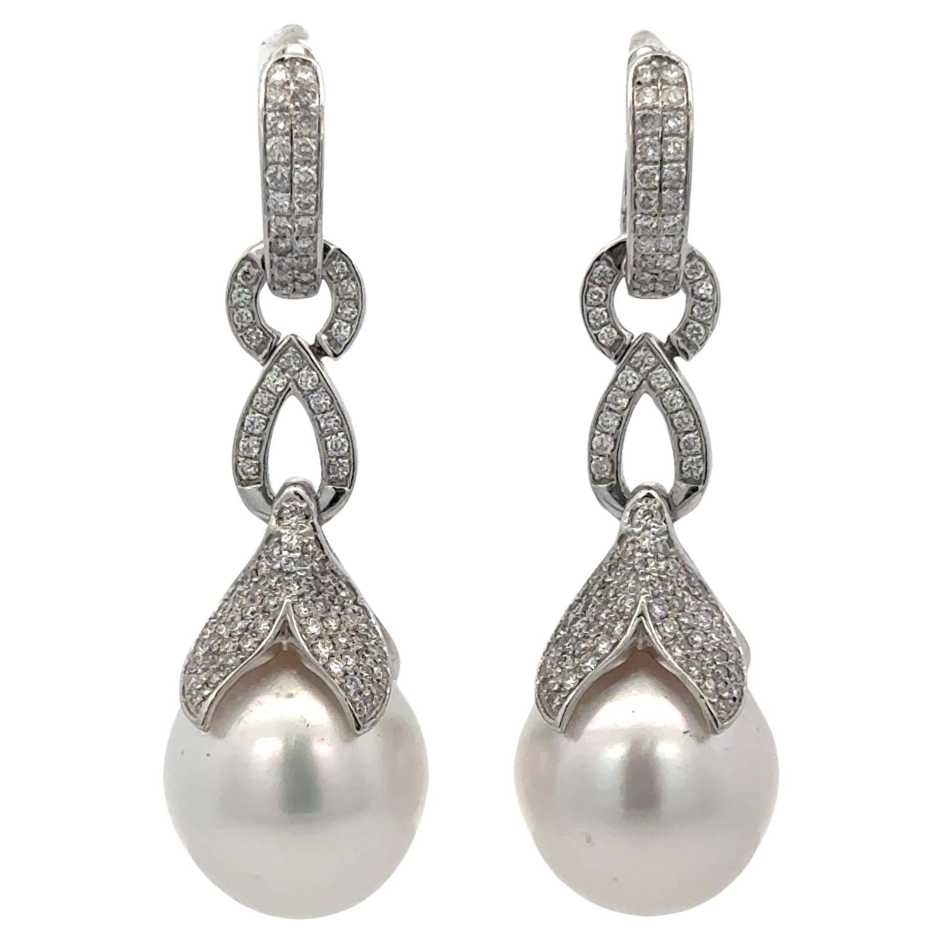 South Sea Pearl Diamond Drop Earrings 0.77 Carats 18 Karat White Gold 13-14 MM