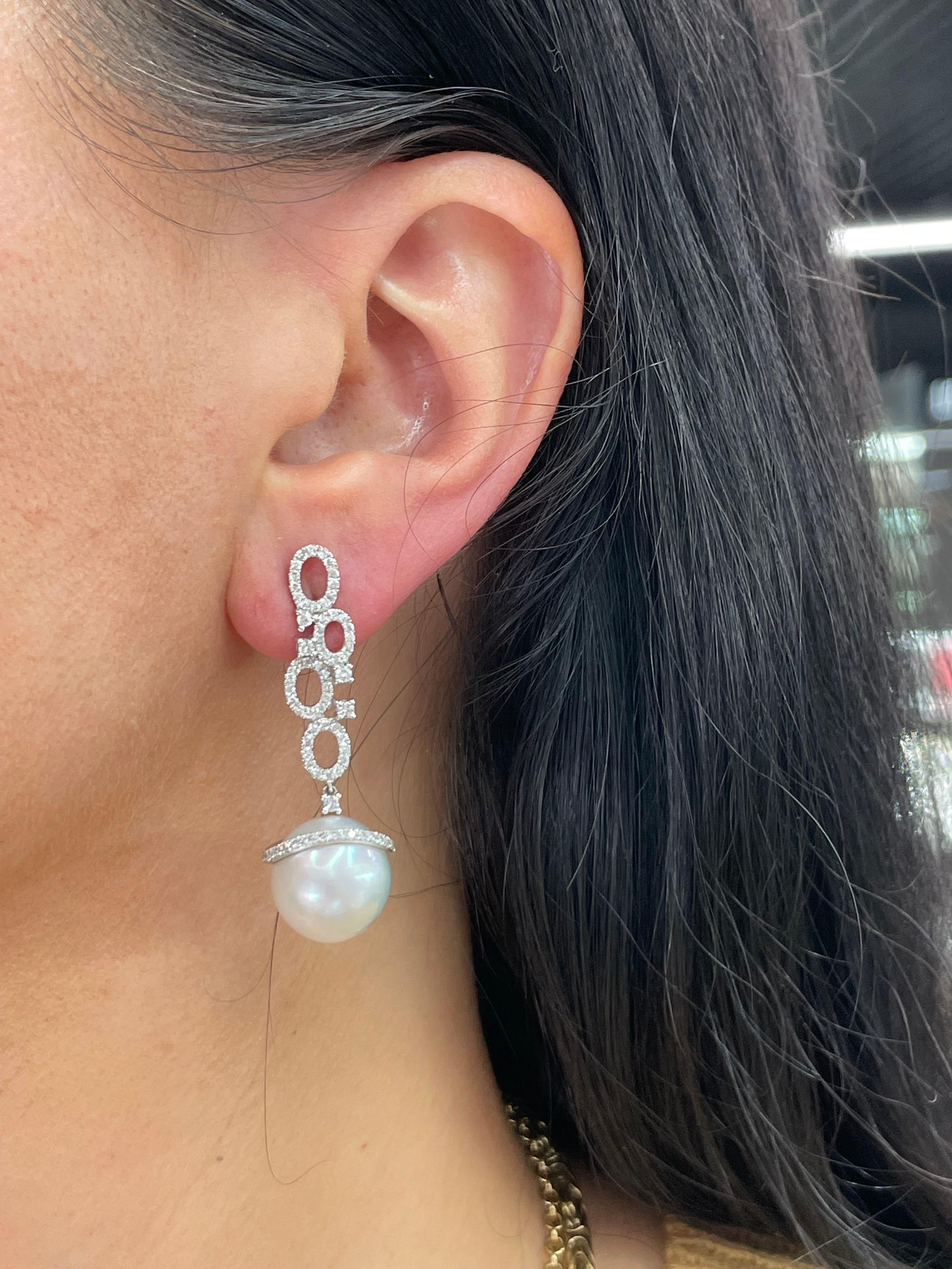 South Sea Pearl Diamond Drop Earrings 0.97 Carats 18 Karat White Gold For Sale 3