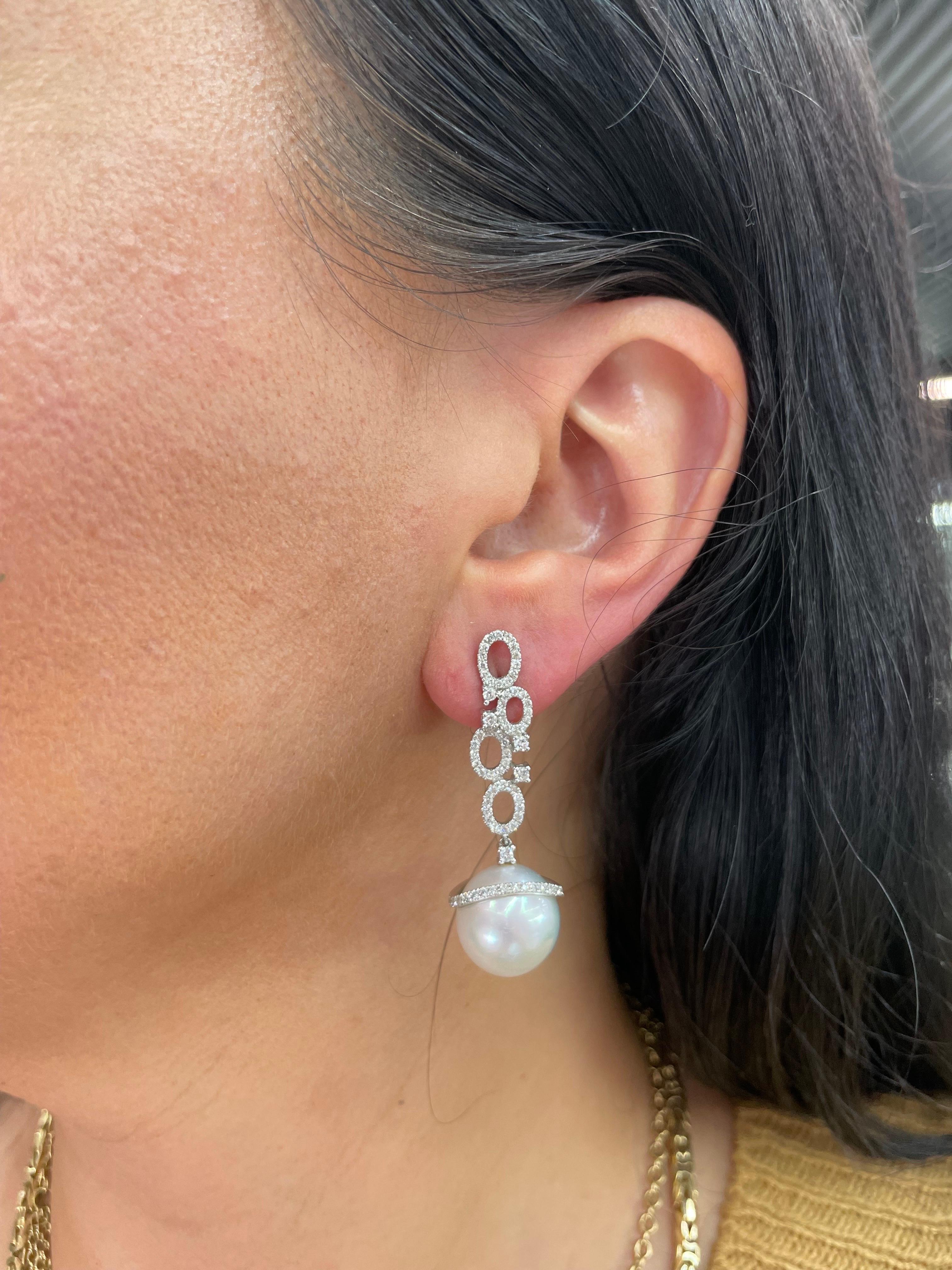 South Sea Pearl Diamond Drop Earrings 0.97 Carats 18 Karat White Gold For Sale 5