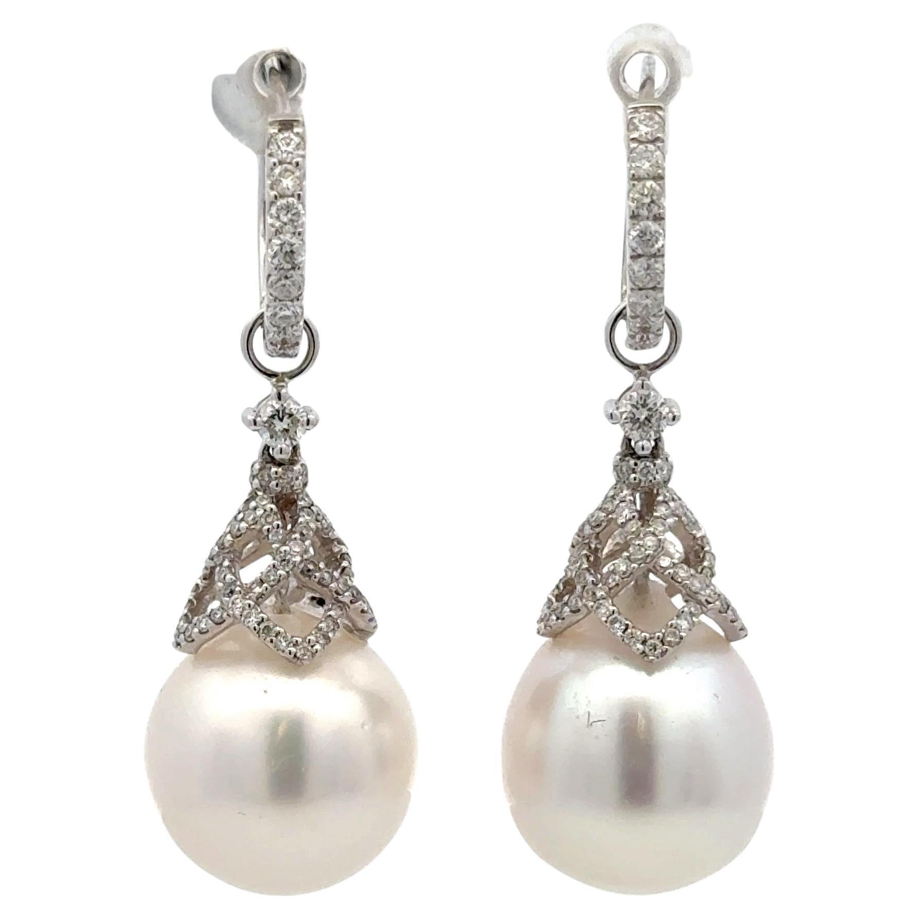 South Sea Pearl Diamond Drop Earrings 0.97 Carats 18 Karat White Gold 13-14 MM