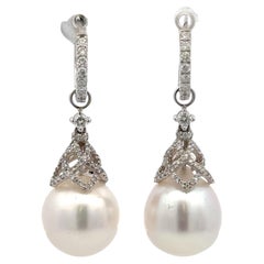 South Sea Pearl Diamond Drop Earrings 0.97 Carats 18 Karat White Gold 13-14 MM