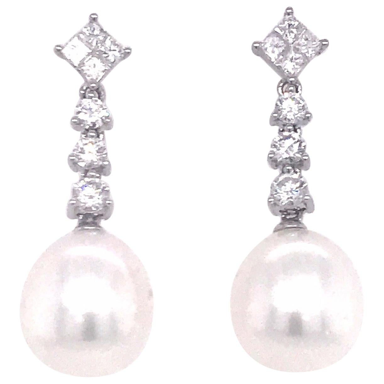 18 Karat White Gold Pave Diamond and South Sea Pearl Drop Earrings For ...