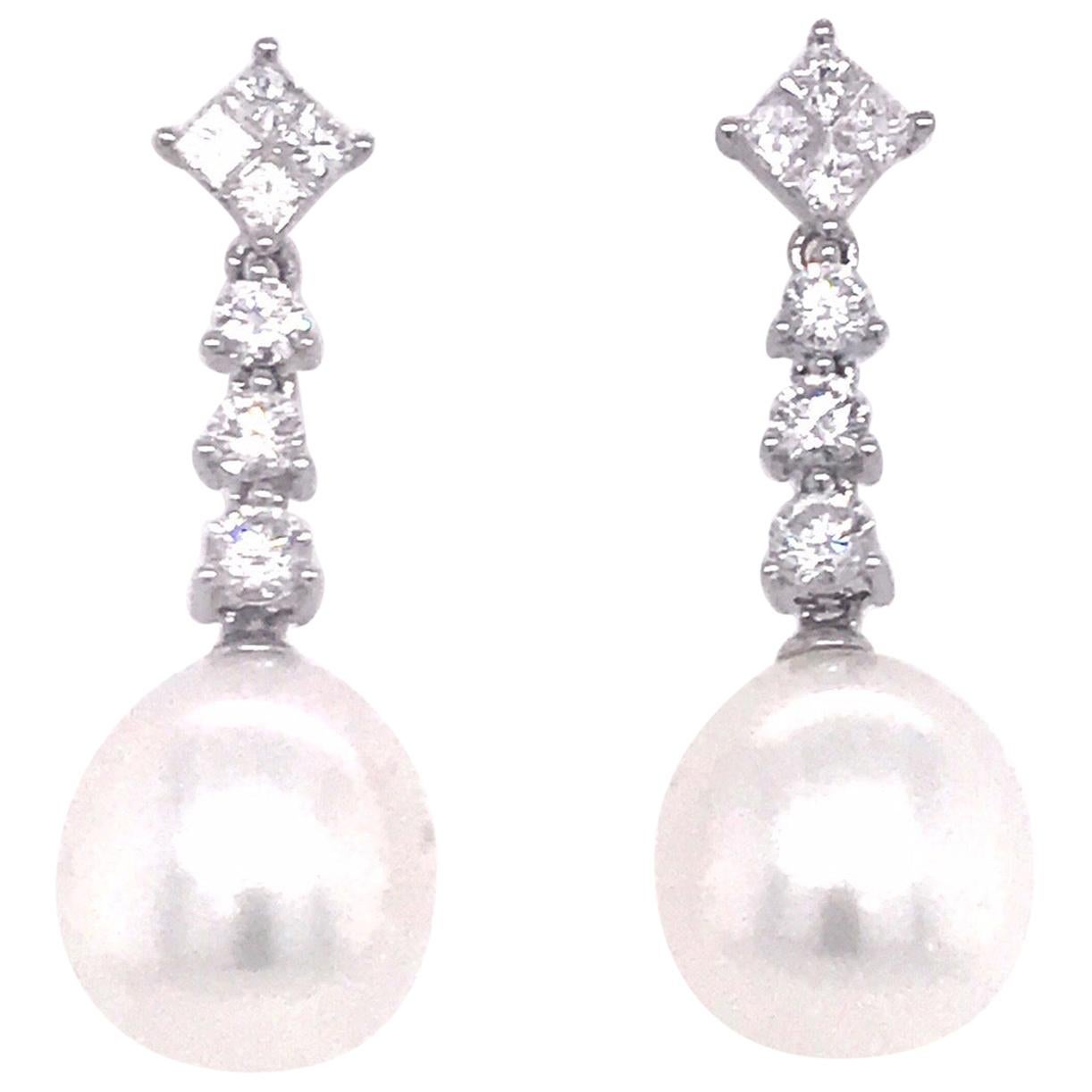 18 Karat White Gold Pave Diamond and South Sea Pearl Drop Earrings For