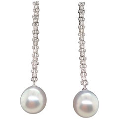 Retro South Sea Pearl Diamond Drop Earrings 1.08 Carat 18 White Gold