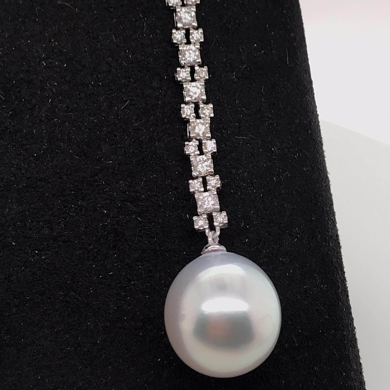 Contemporary South Sea Pearl Diamond Drop Earrings 1.08 Carat 18 White Gold For Sale