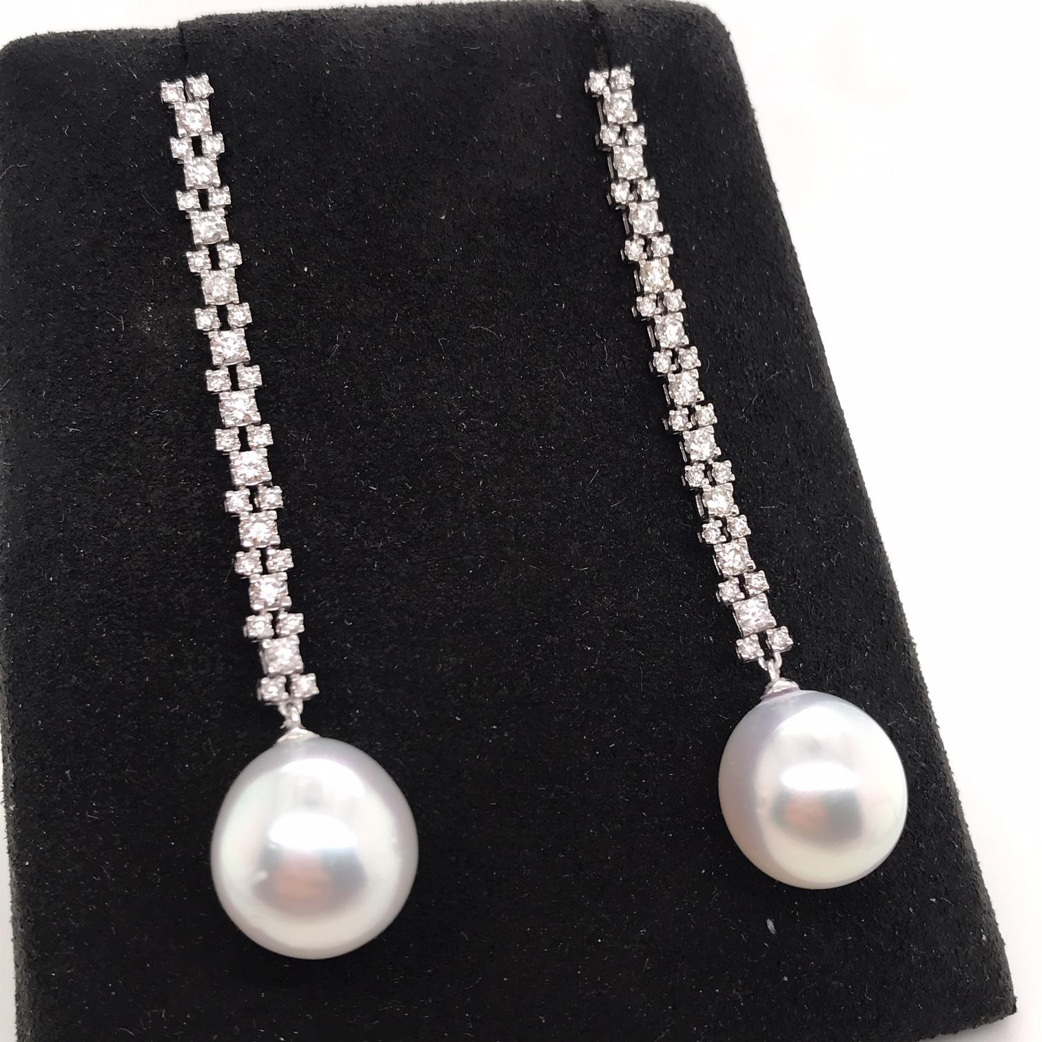 Women's South Sea Pearl Diamond Drop Earrings 1.08 Carat 18 White Gold For Sale