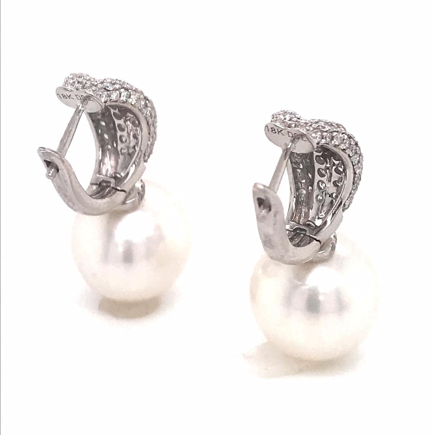 South Sea Pearl Diamond Drop Earrings 1.12 Carat 18 Karat White Gold For Sale 4