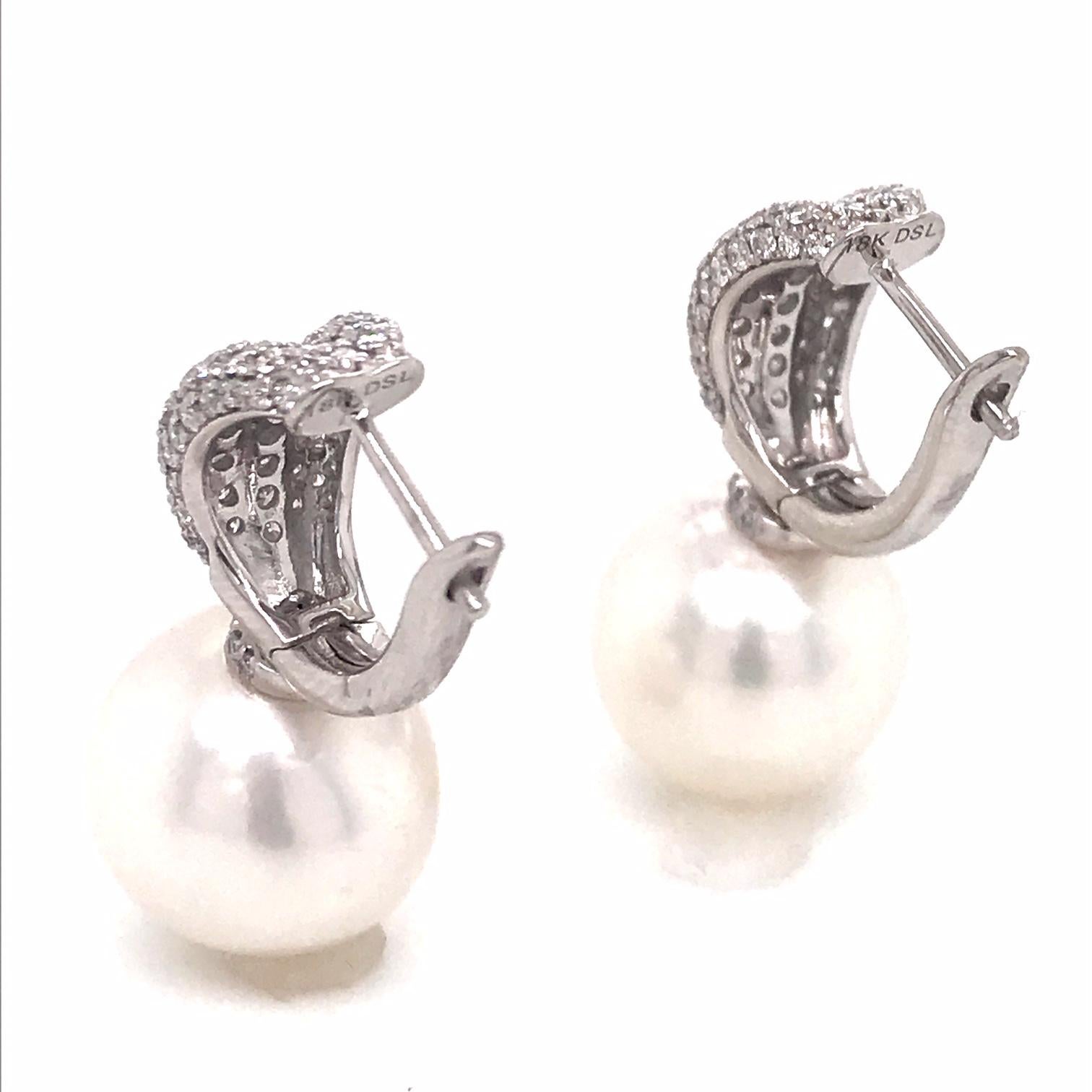 South Sea Pearl Diamond Drop Earrings 1.12 Carat 18 Karat White Gold For Sale 6