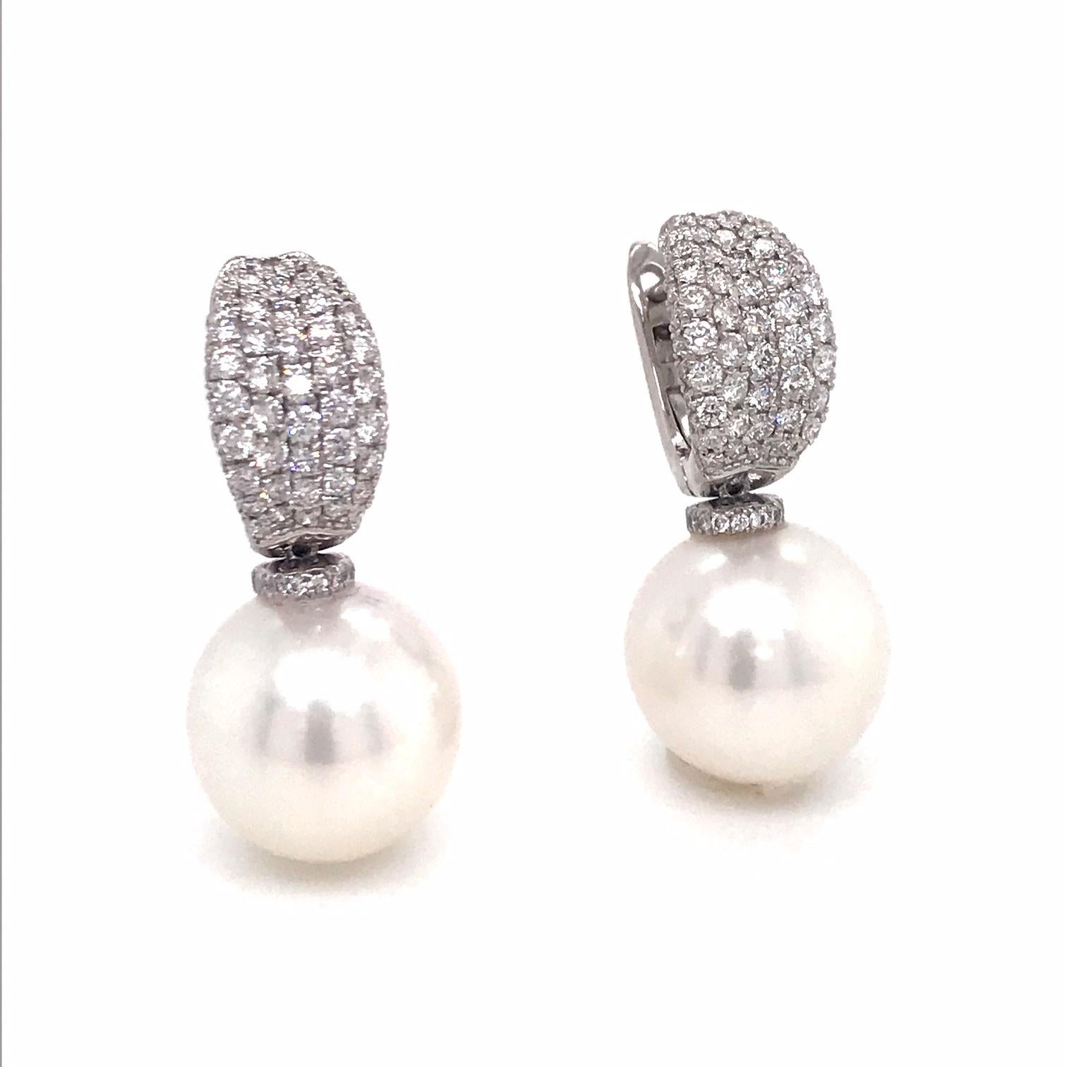 Contemporary South Sea Pearl Diamond Drop Earrings 1.12 Carat 18 Karat White Gold For Sale