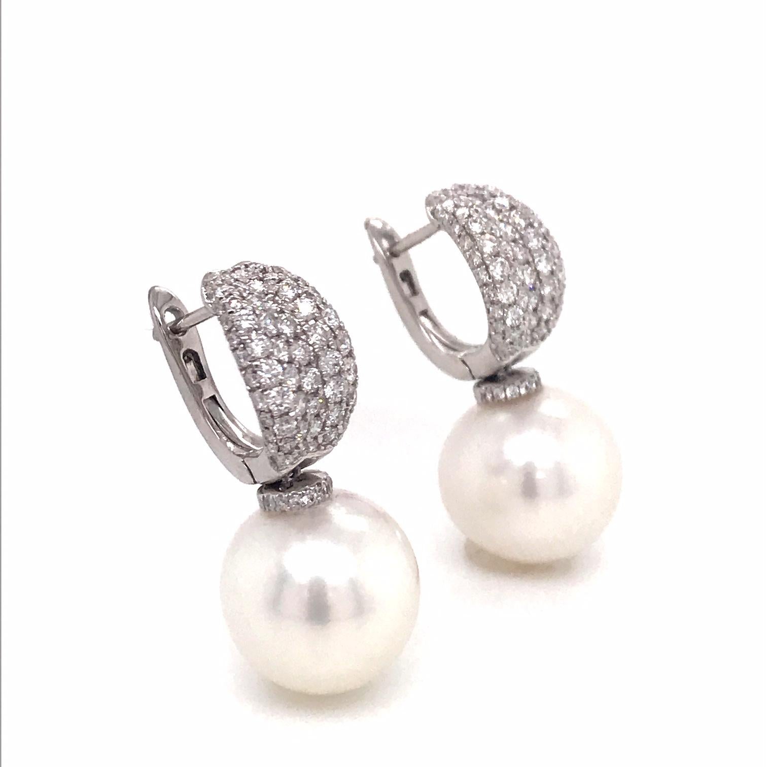 South Sea Pearl Diamond Drop Earrings 1.12 Carat 18 Karat White Gold In New Condition For Sale In New York, NY