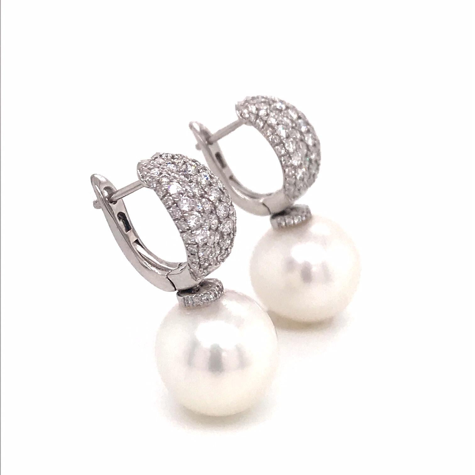Women's South Sea Pearl Diamond Drop Earrings 1.12 Carat 18 Karat White Gold For Sale