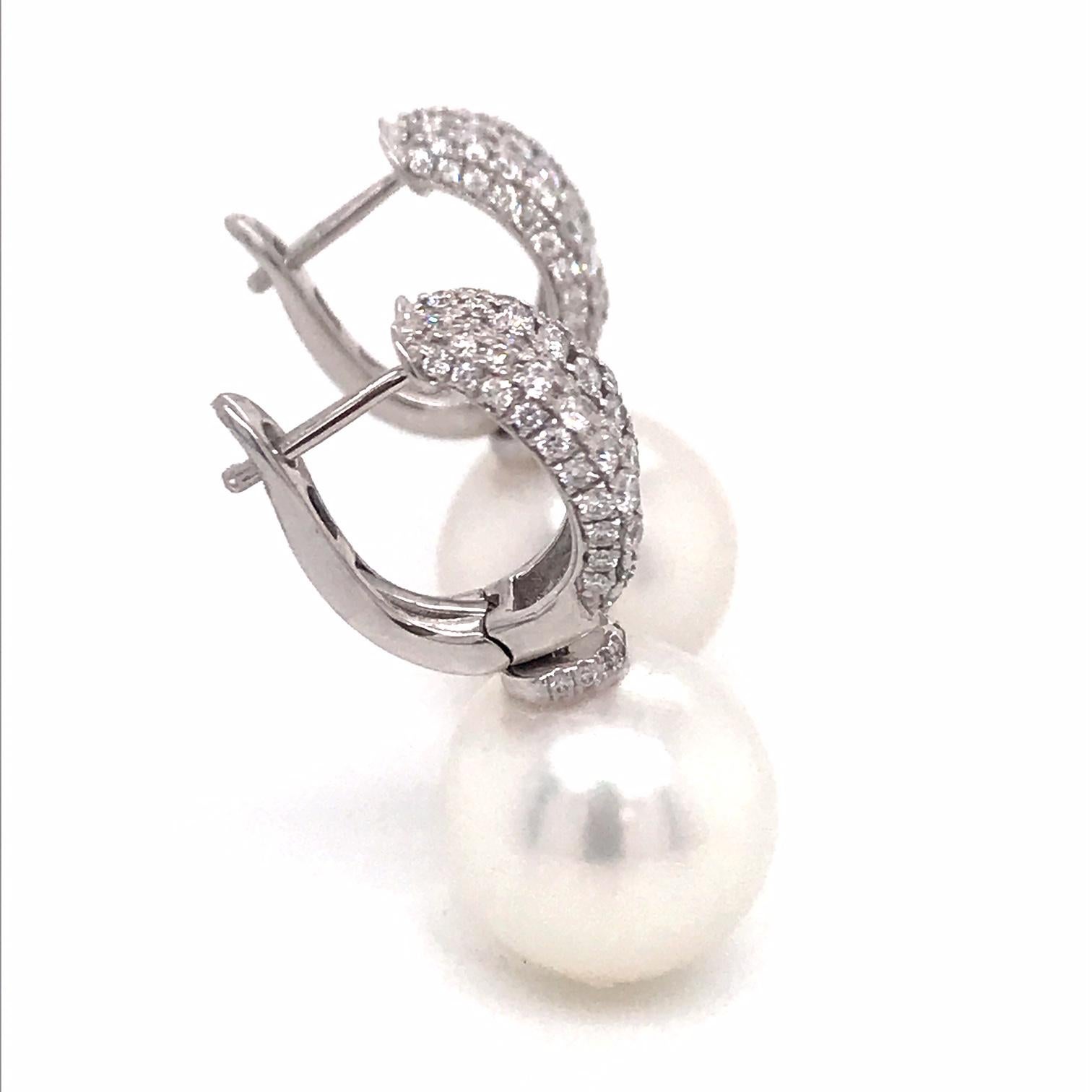 South Sea Pearl Diamond Drop Earrings 1.12 Carat 18 Karat White Gold For Sale 2