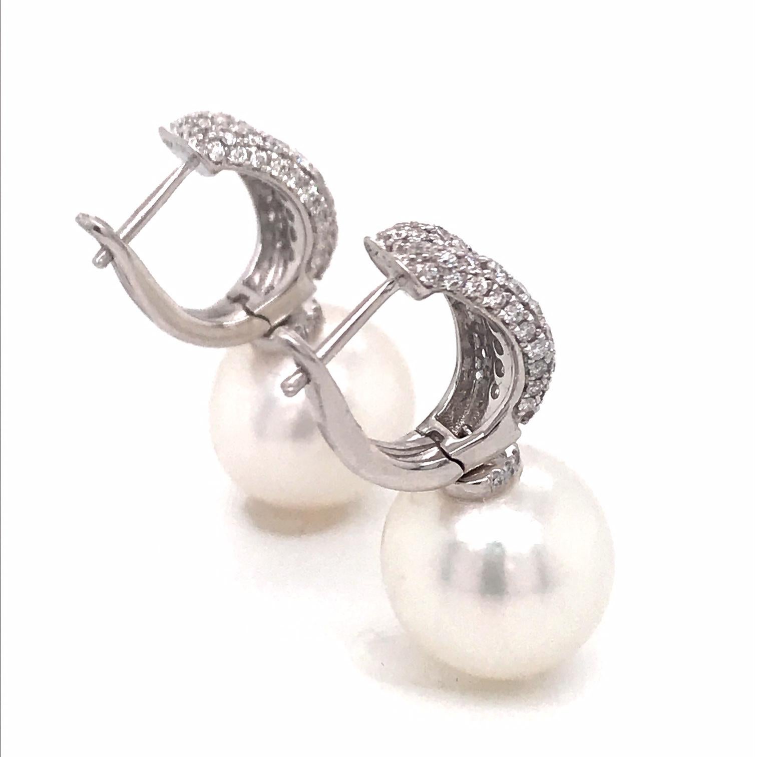 South Sea Pearl Diamond Drop Earrings 1.12 Carat 18 Karat White Gold For Sale 3