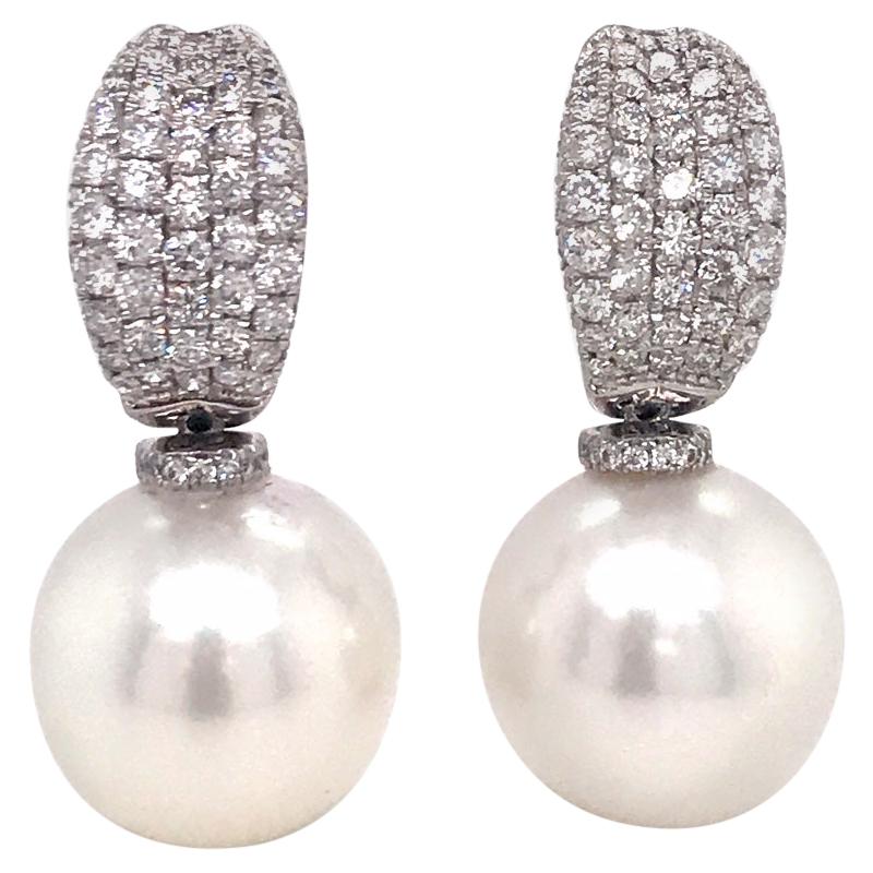 South Sea Pearl Diamond Drop Earrings 1.12 Carat 18 Karat White Gold For Sale