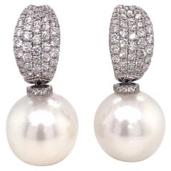 South Sea Pearl Diamond Drop Earrings 1.12 Carat 18 Karat White Gold
