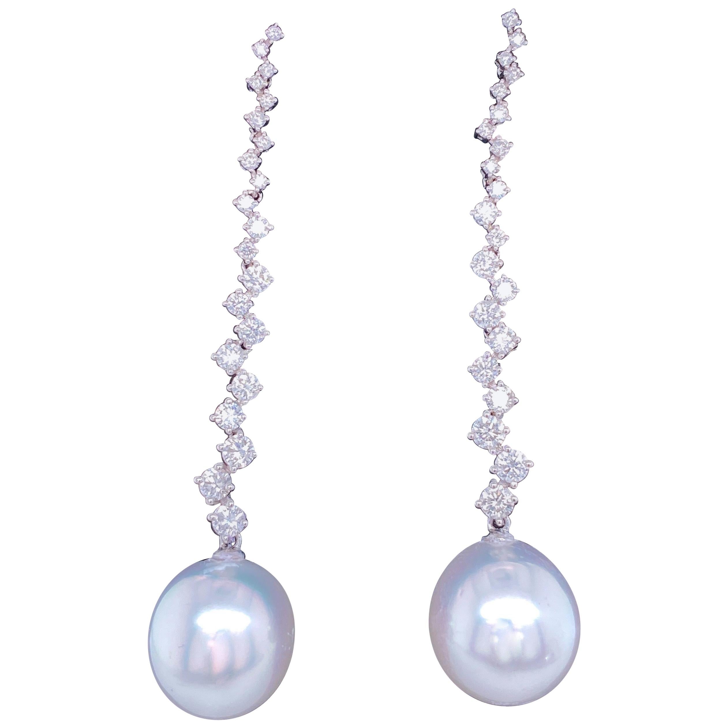 South Sea Pearl Diamond Drop Earrings 1.53 Carat 18 Karat White Gold