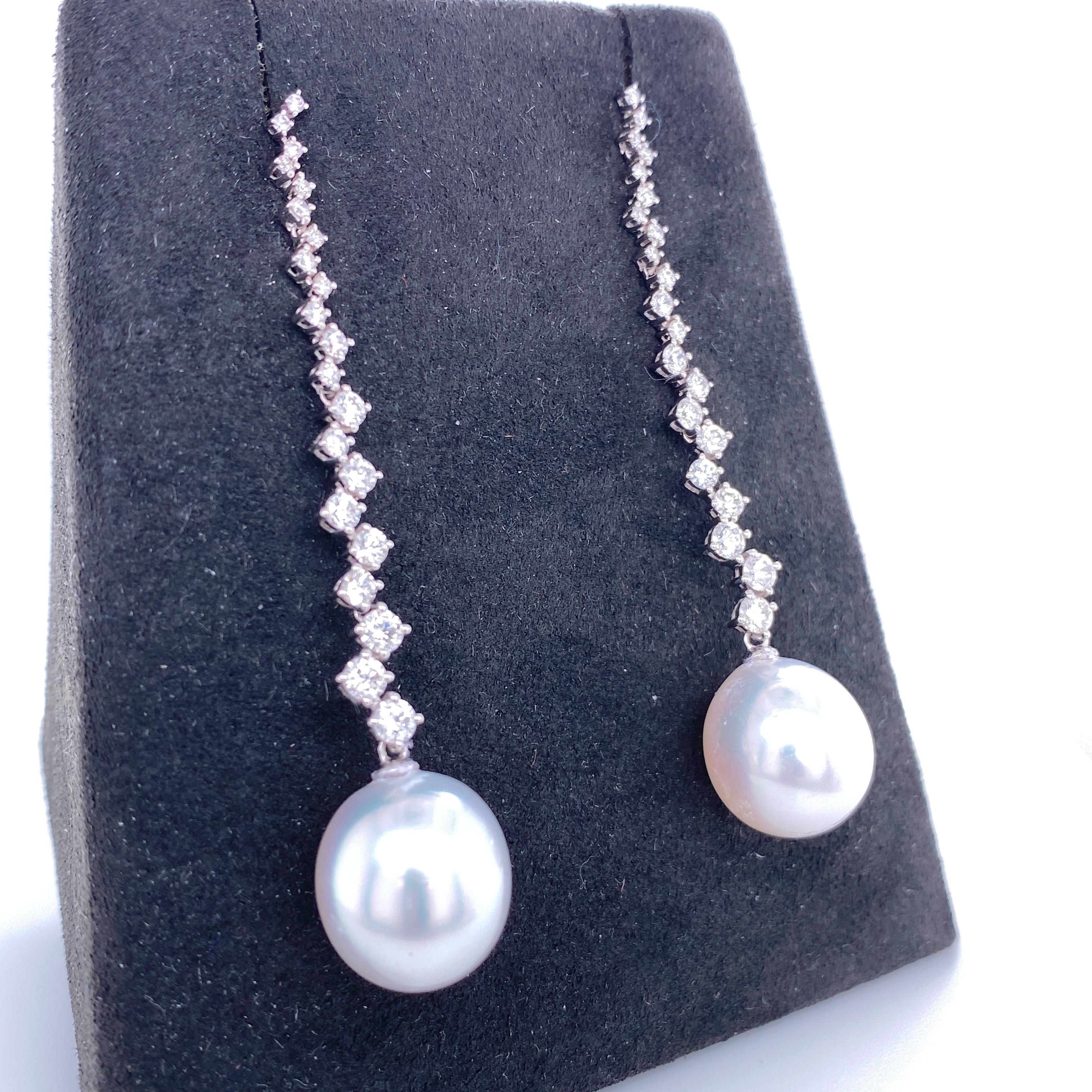 Contemporary South Sea Pearl Diamond Drop Earrings 1.53 Carat 18 Karat White Gold For Sale