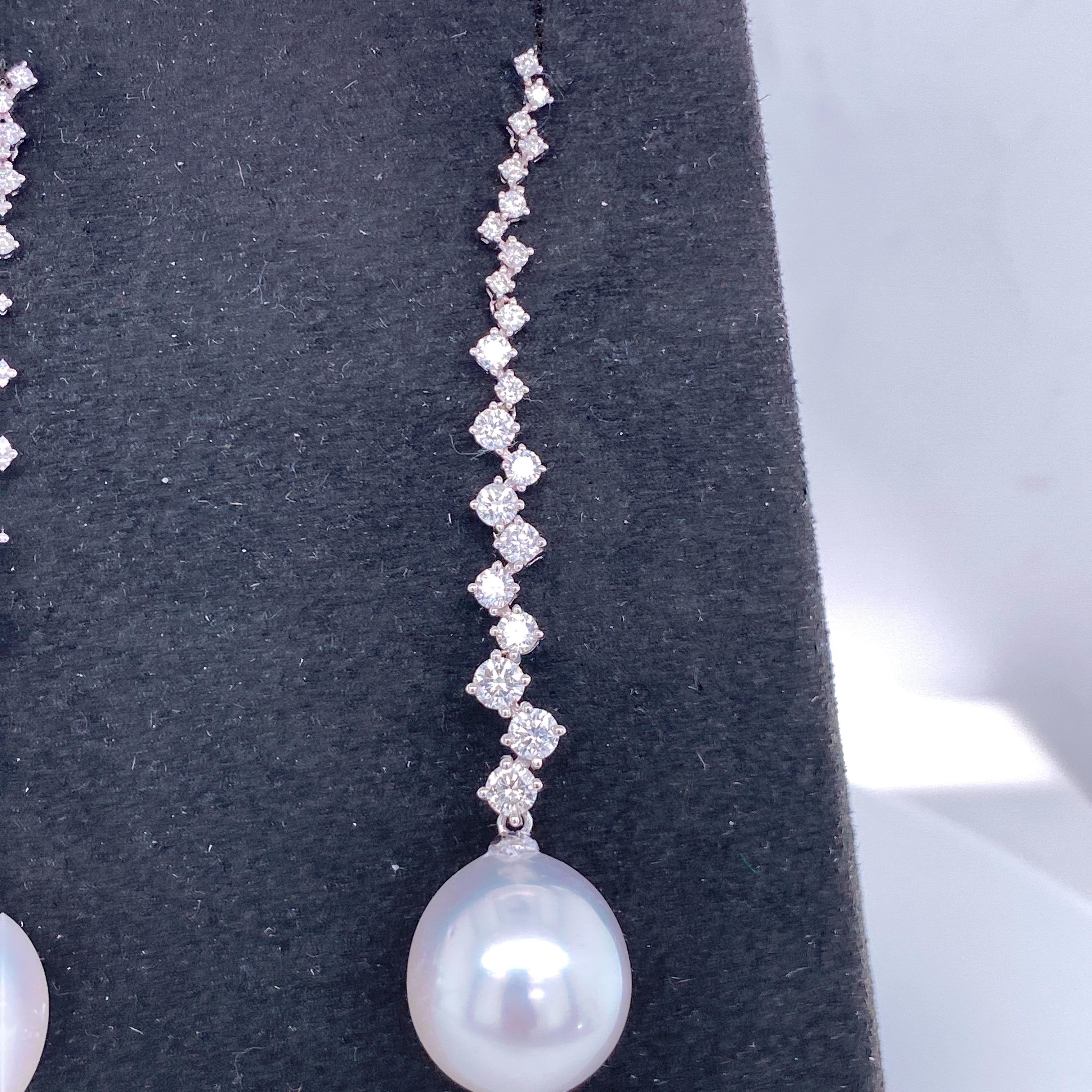 Round Cut South Sea Pearl Diamond Drop Earrings 1.53 Carat 18 Karat White Gold For Sale