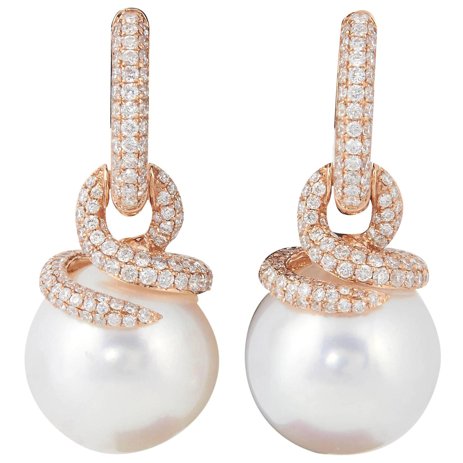 South Sea Pearl Diamond Drop Earrings 1.55 Carat 18 Karat Rose Gold 14-15 MM For Sale