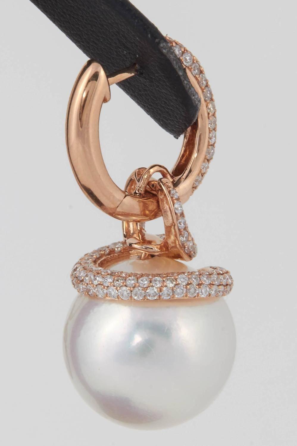 Round Cut South Sea Pearl Diamond Drop Earrings 1.55 Carat 18 Karat Rose Gold 14-15 MM For Sale